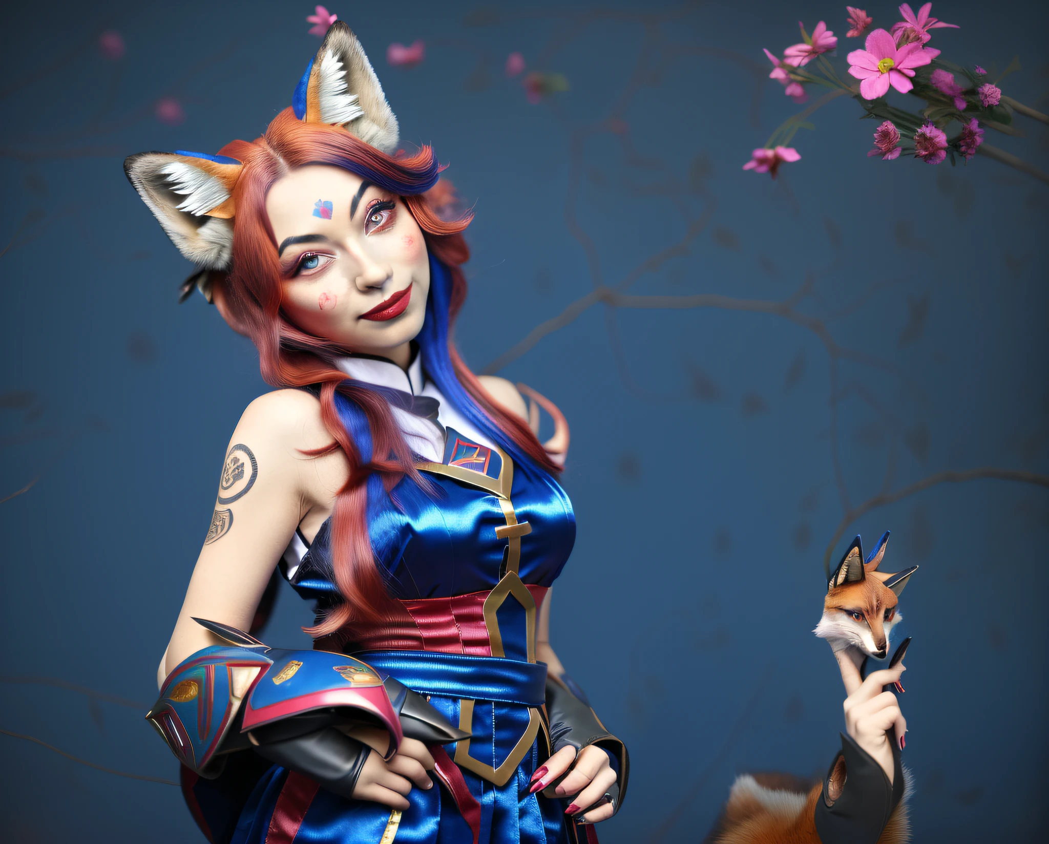 araffe wearing a blue dress and a jacket with a red flower on it, a beautiful fox lady, foxgirl, fox nobushi, female fox, an anthropomorphic cyberpunk fox, portrait of an anthro fox, girl with fox ears, an anthro fox, foxy, anthropomorphic fox, digital fox, an anthropomorphic fox