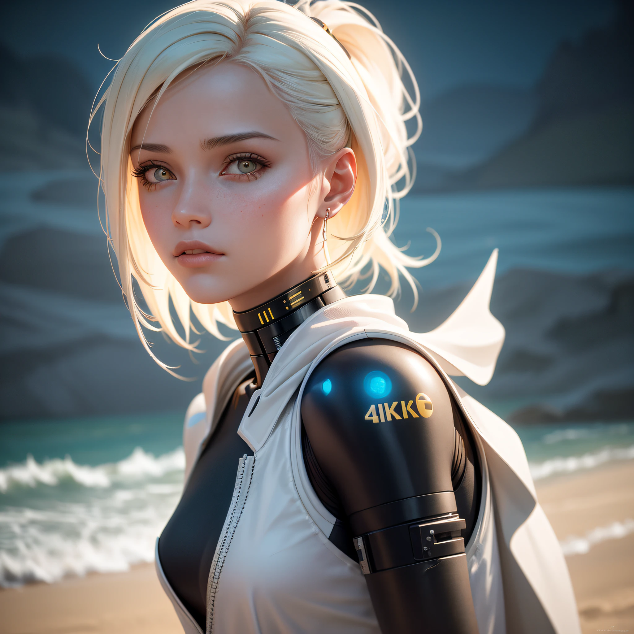 (editorial sexy portrait of cyber ghost), hack, code, female cyborg walking in the beach sands, sunny day, sci-fi, sharp focus, dof, bokeh, extremely detailed, intricate, realistic, (film grain), cinematic, POV, shot on nikon d850, film stock photograph, 4 kodak portra 400, f1.6 lens, rich colors, hyper realistic, lifelike texture, dramatic lighting, cinestill 800