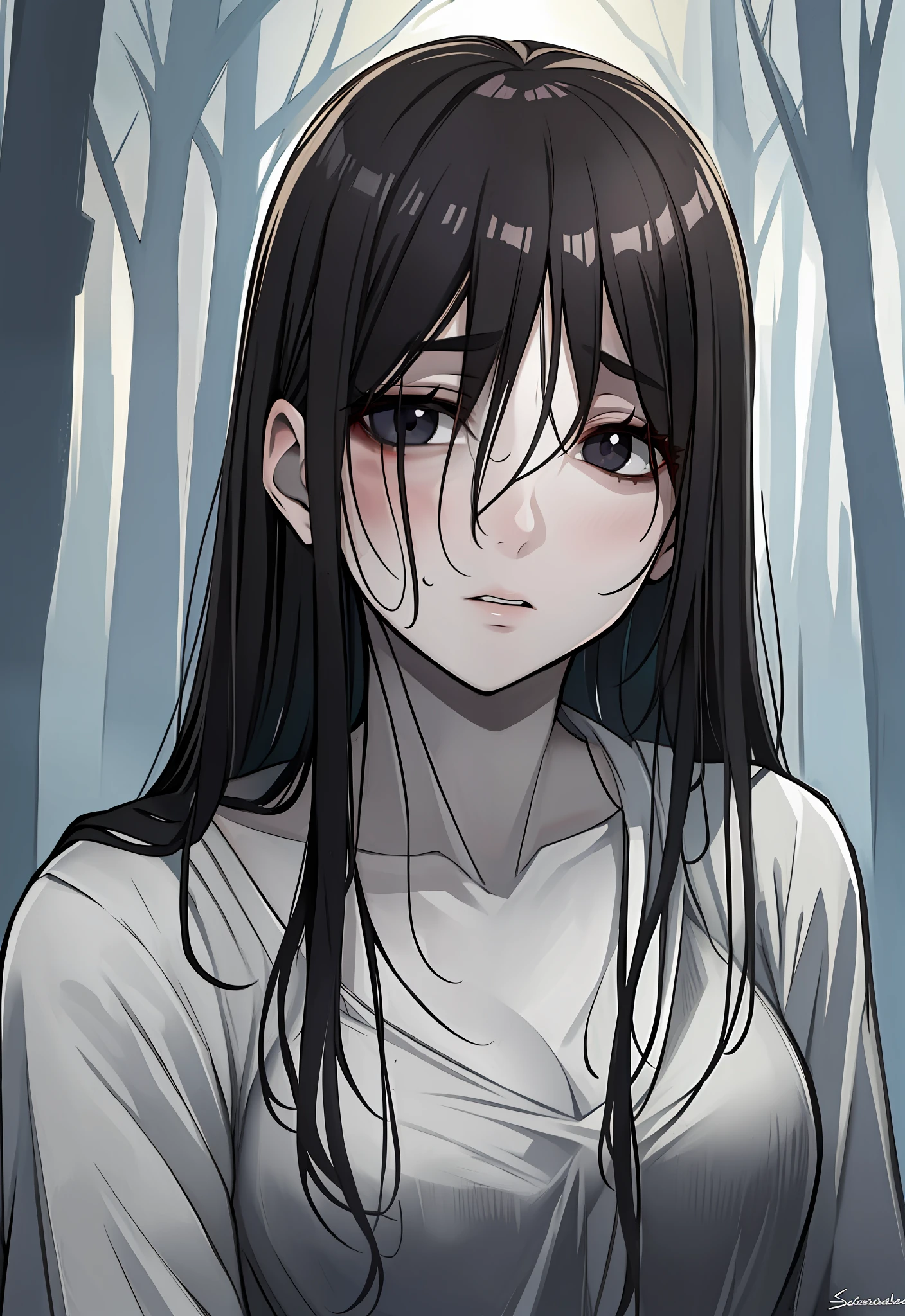 ((masterpiece)), (best quality), (absurdists), black hair, yamamura_sadako, white dress, (grey skin), hair over eyes, eyes covered, looking at the viewer very sexual in the dark forest super realistic and well detailed