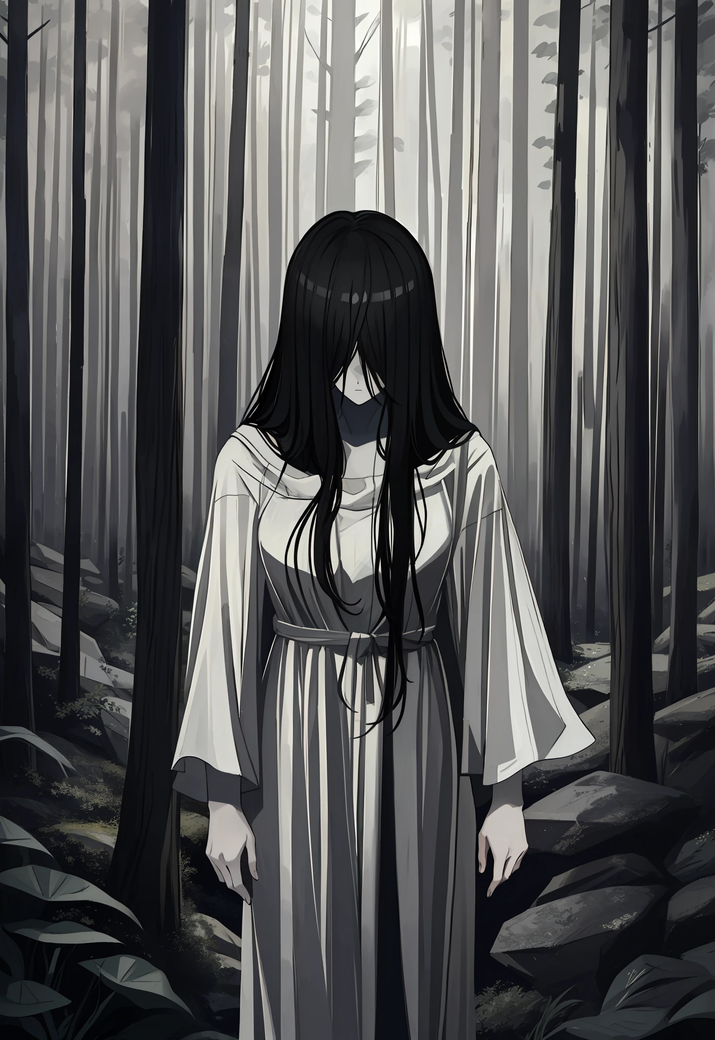 ((masterpiece)), (best quality), (absurdists), black hair, yamamura_sadako, white dress, (grey skin), hair over eyes, eyes covered, looking at the viewer very sexual in the dark forest super realistic and well detailed