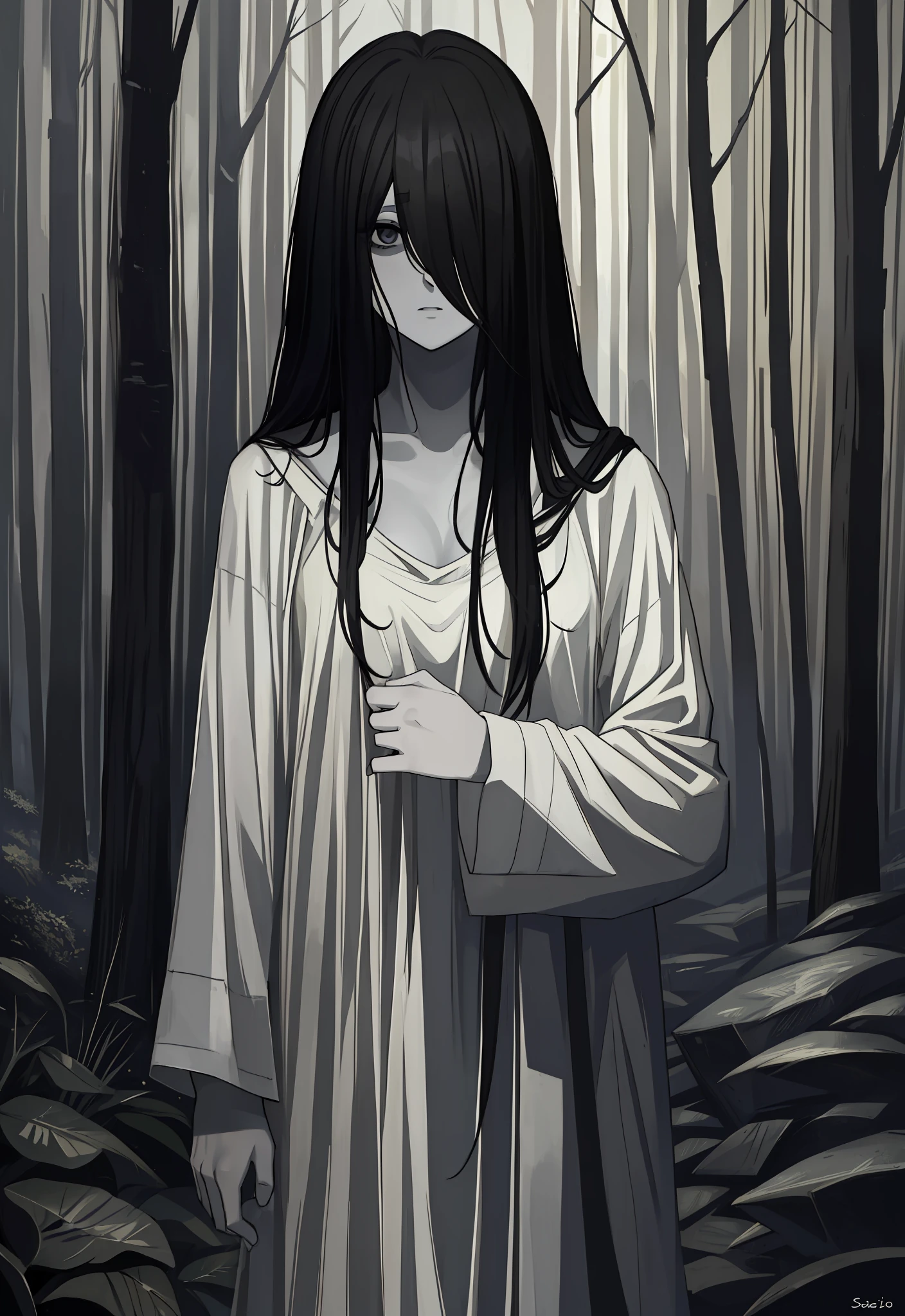 ((masterpiece)), (best quality), (absurdists), black hair, yamamura_sadako, white dress, (grey skin), hair over eyes, eyes covered, looking at the viewer very sexual in the dark forest super realistic and well detailed