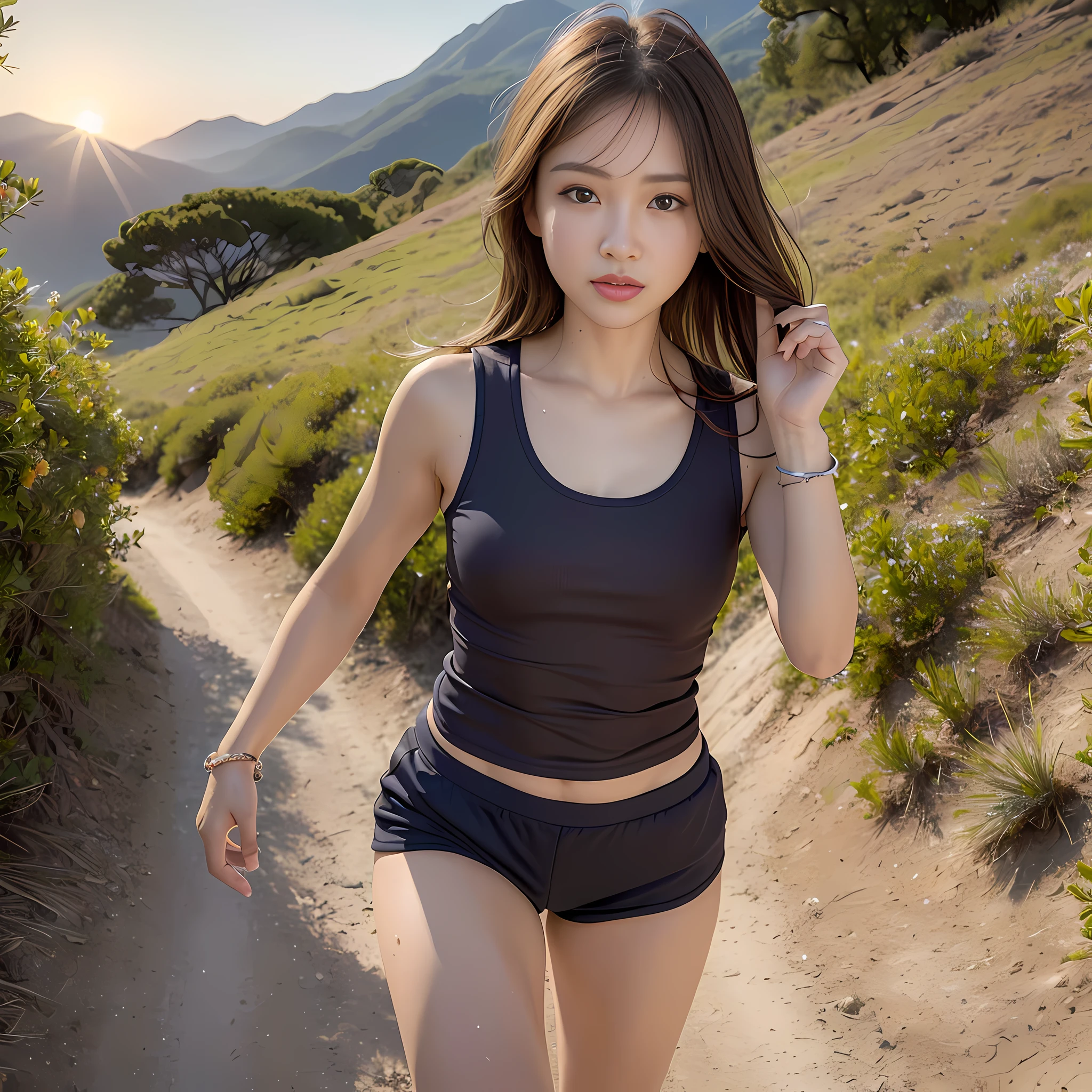 (8k, masterpiece, highest quality, ultra high definition, photorealistic: 1.2), (mountain landscape, woman running on dirt path), 1girl: 1.3, solo, far away, full body, standard body, looking at the front, (very beautiful Japan woman 20 years old, very detailed face: 1.9), (navy running shorts: 1.3), small face, looking ahead, fine hands, thin lips, medium breasts, brown hair, (fine lips, lip gloss: 1.3), wet with sweat, (peach-colored long tank top: 1.5), depth of subject, symmetry, sharp focus, sunset, bracelet, bright lighting, shy smile