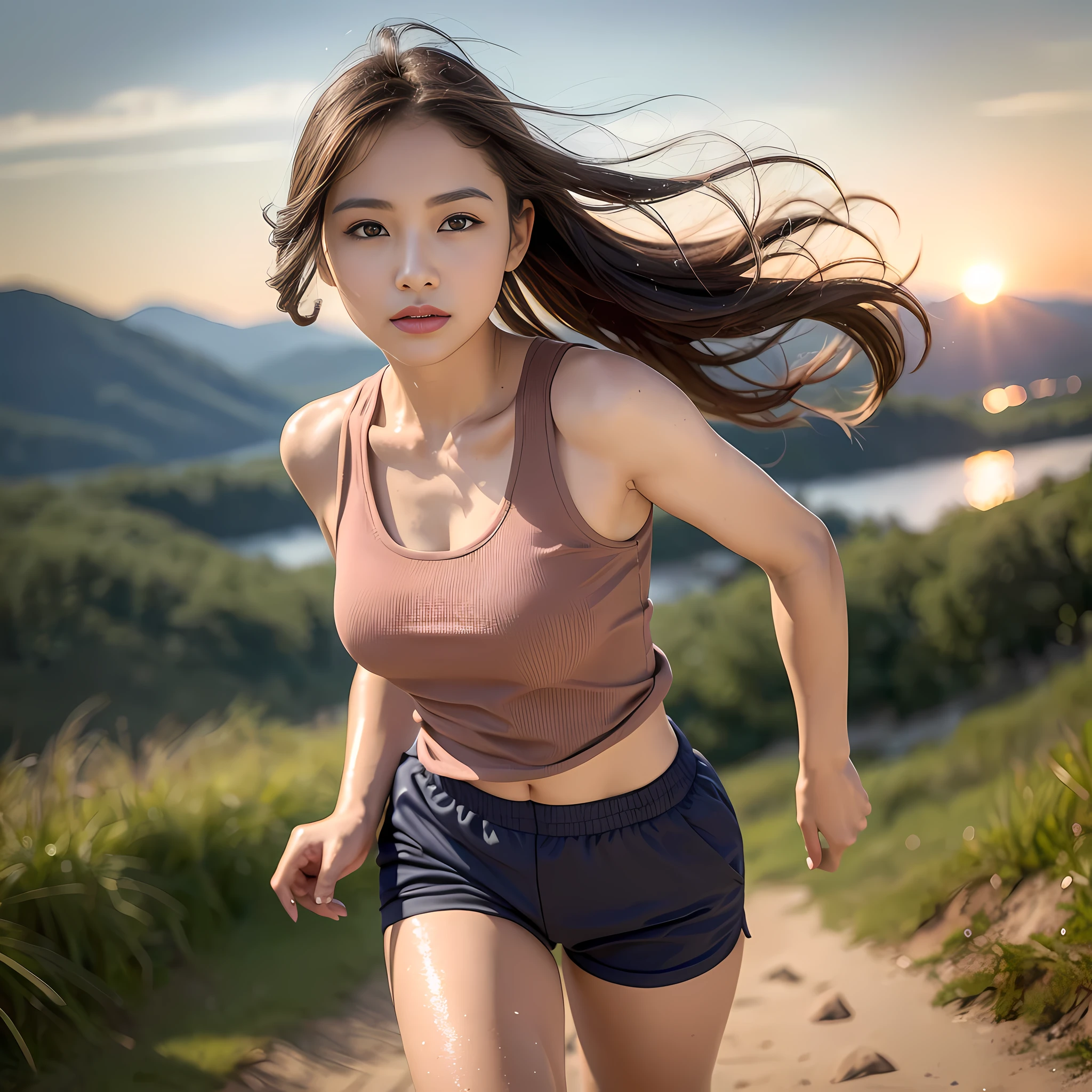 (8k, masterpiece, highest quality, ultra high definition, photorealistic: 1.2), (mountain landscape, woman running on dirt path), 1girl: 1.3, solo, far away, full body, standard body, looking at the front, (very beautiful Japan woman 20 years old, very detailed face: 1.9), (navy running shorts: 1.3), small face, looking ahead, fine hands, thin lips, medium breasts, brown hair, (fine lips, lip gloss: 1.3), wet with sweat, (peach-colored long tank top: 1.5), depth of subject, symmetry, sharp focus, sunset, bracelet, bright lighting, shy smile