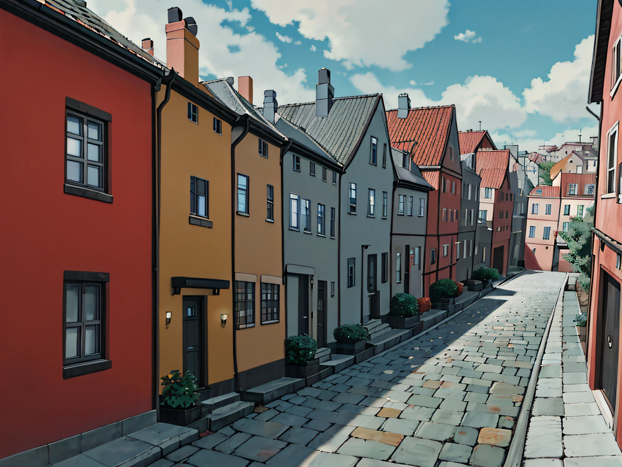 masterpiece, high quality, best quality, Porco Rosso, \(Porco Rosso\), city background, city, many houses, small street, street, narrow street, view from below, cloudy, very cloudy, no sun, evening, autumn, winter, gray houses, monotonous, monotonous houses, grayness, birches, bare birches, two-story houses, small houses, pavement
