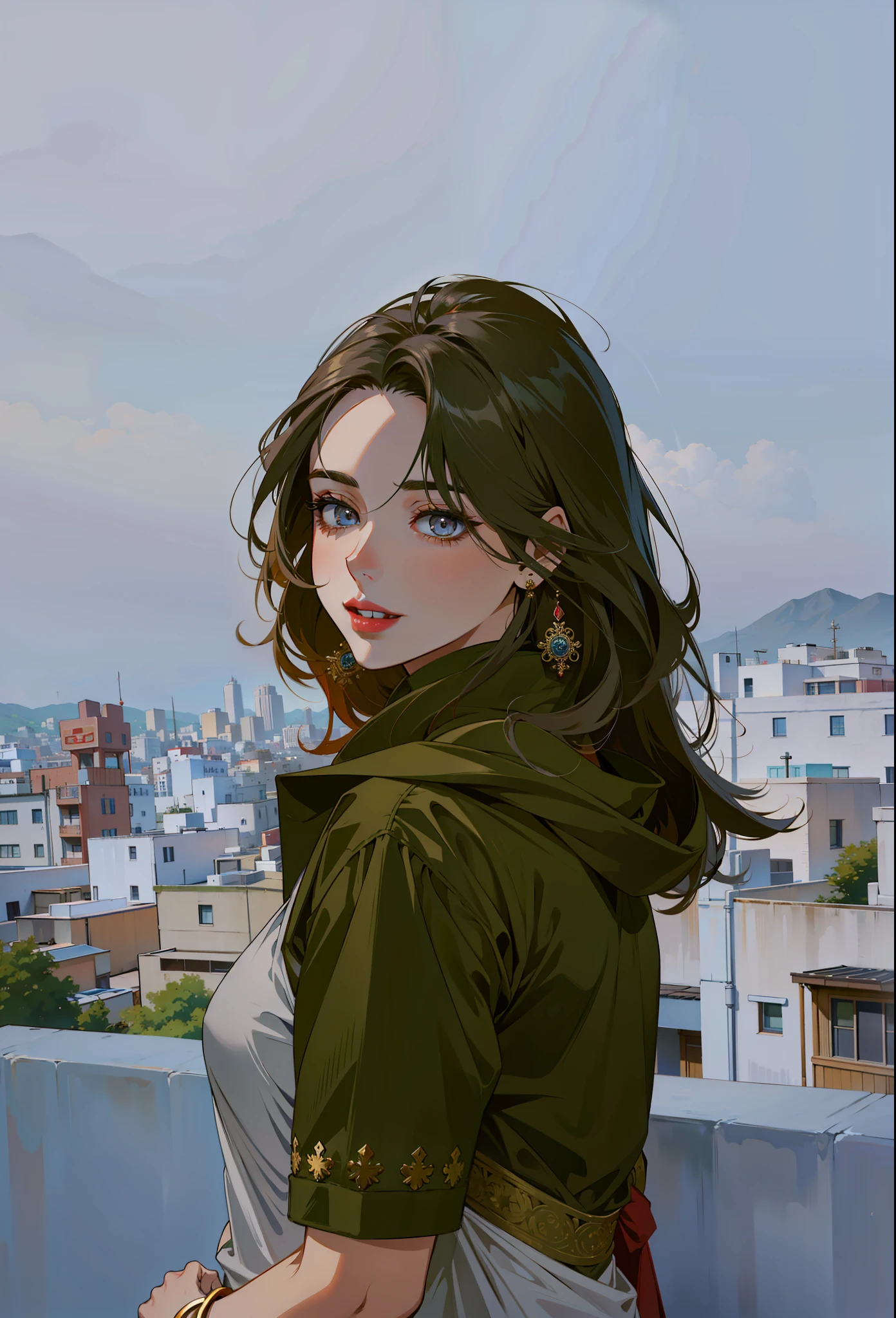 (masterpiece),(best quality:1.0), (ultra highres:1.0), detailed illustration, 8k, anime, 1girl, beautiful anime girl, in a sari, wearing a grey sari, pretty face, detailed face, beautiful eyes, detailed eyes, red lips, red lipstick, smiling, beautiful hair, highlights in hair, pretty earrings, detailed, anime style, best quality