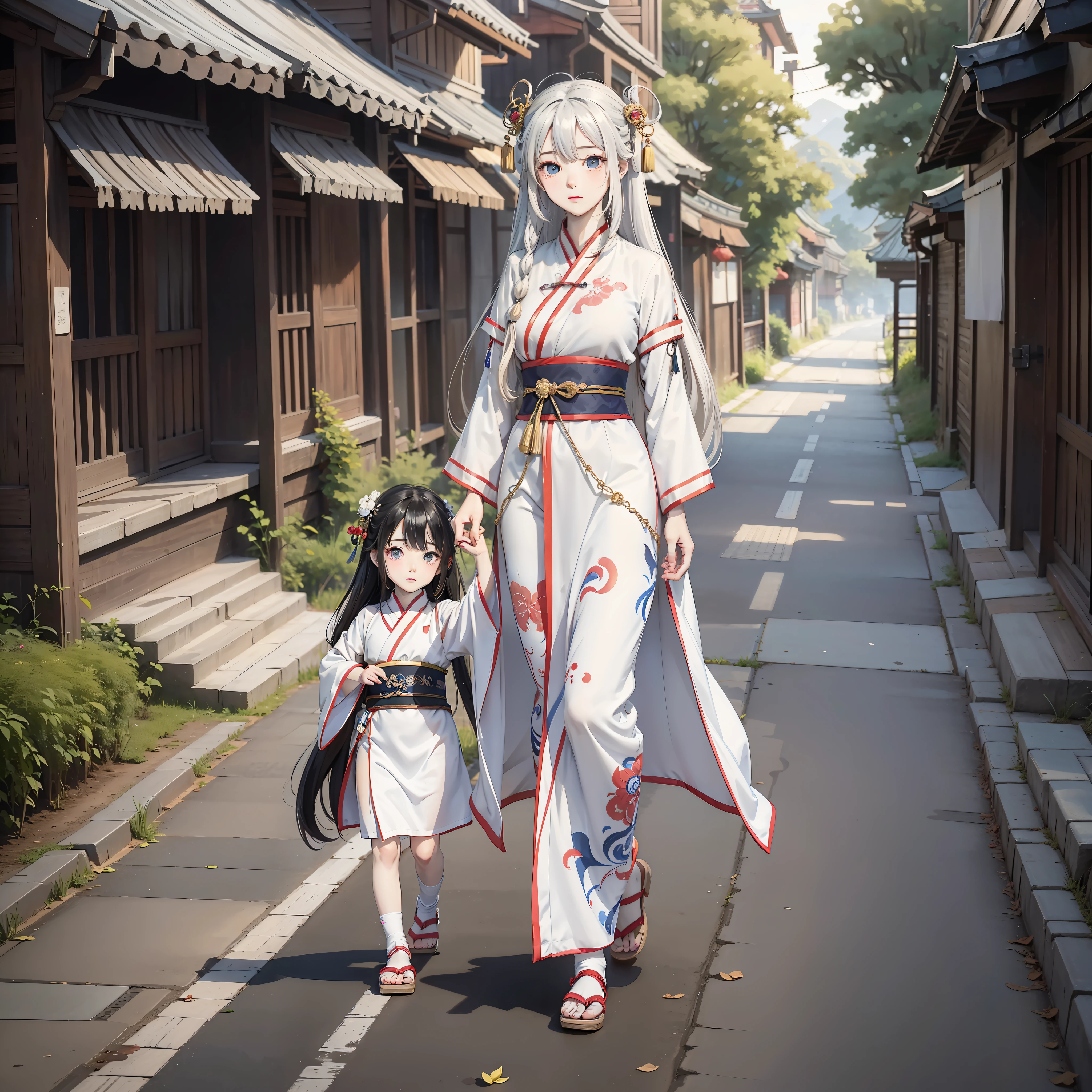 Ancient Chinese anime girl with long white hair and wearing white Hanfu leading a small child walking on the road, (sad expression 1.5) (two eyes looking at each other 1.2) (background is ancient Chinese country road 1.5) anime style 4 K, anime rendering, Guvez style artwork, anime style. 8k, Guvitz, handsome anime face, handsome costume boy (pure big eyes 1.5) (upper body display 1.5) (poor milk 1.3) (cinematic light 1.5)