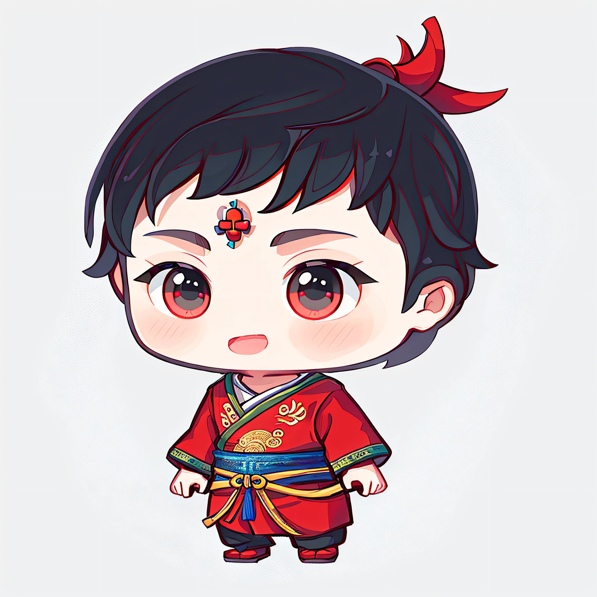 1 boy, (Chinese style: 1.5), hanfu, red clothes, long hair, double tails, boots, blush, open mouth, hair ornament, white background, solo, teruterubouzu, long sleeves, low double tail, bow, bangs, smile, black eyes, full body, :d, snail, red footwear, white background, standing, food themed hair accessories, holding, black hair, hair flowers,