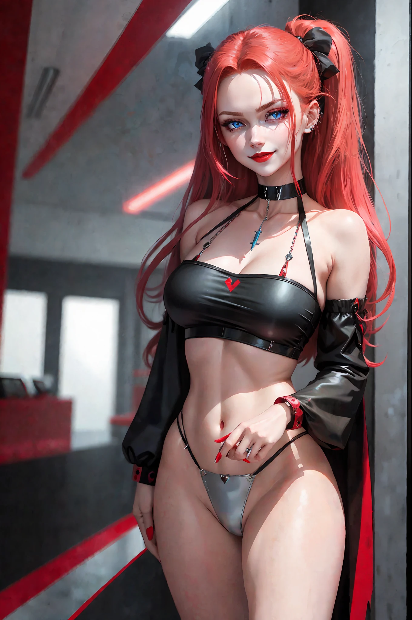 with smile red lipstick. and with light blue eyes.choker , ultra realistic, 4k, extremely detailed, anime style, piercing in the naris, red i black colors, shoulders drooping, large breasts, neckline, full body including foot,