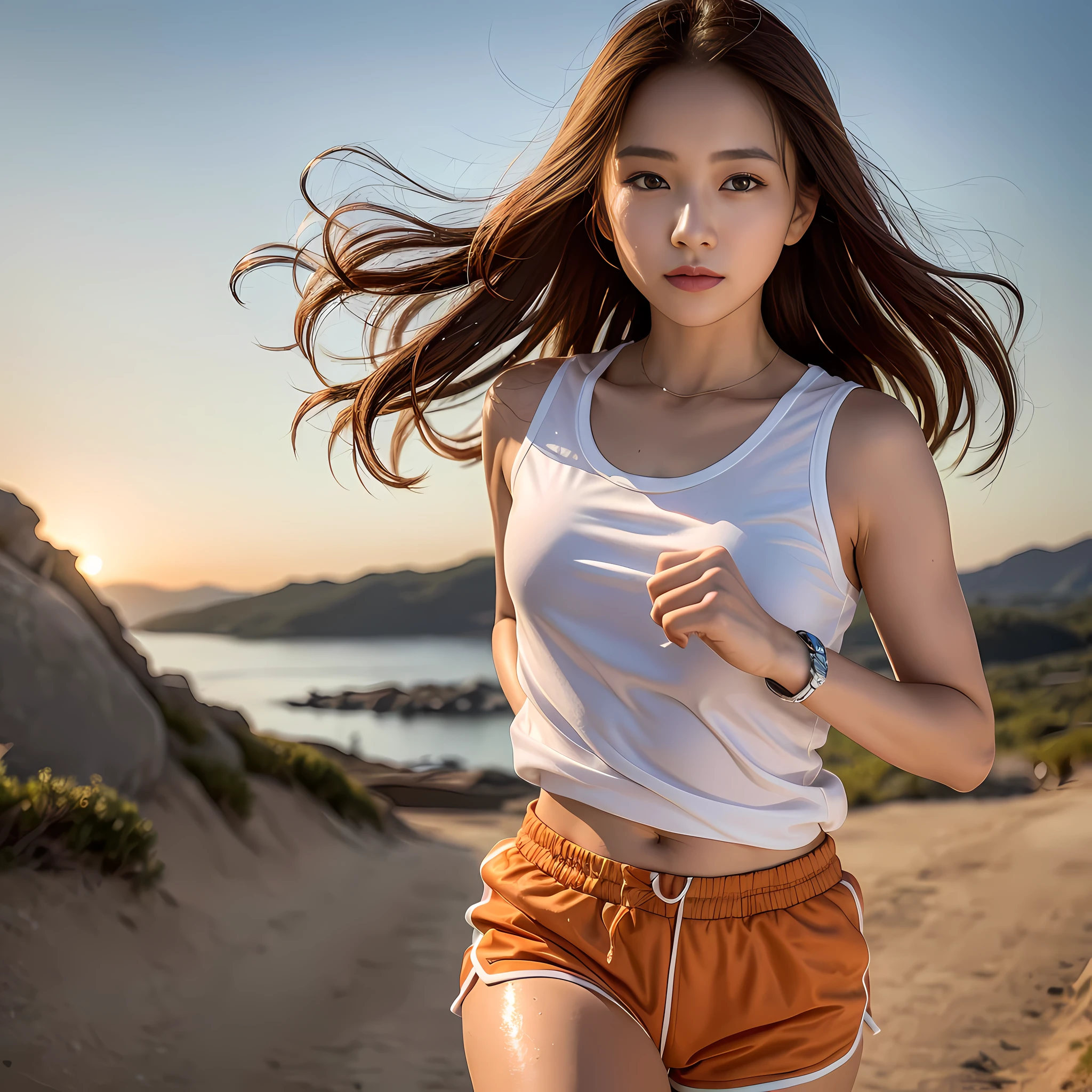 (8k, masterpiece, highest quality, ultra high resolution, photorealistic: 1.2), (mountain landscape, woman running on a dirt path), 1girl: 1.3, solo, far away, looking at the front, (very beautiful Japan woman of 20 years old, very detailed face: 1.9), (peach-colored running shorts: 1.3), small face, looking ahead, fine hands, thin lips, medium chest, Brown hair, (fine lips, lip gloss: 1.3), wet with sweat, (white long tank top: 1.5), subject depth, symmetry, sharp focus, sunset, bracelet, bright lighting, model figure, shy smile