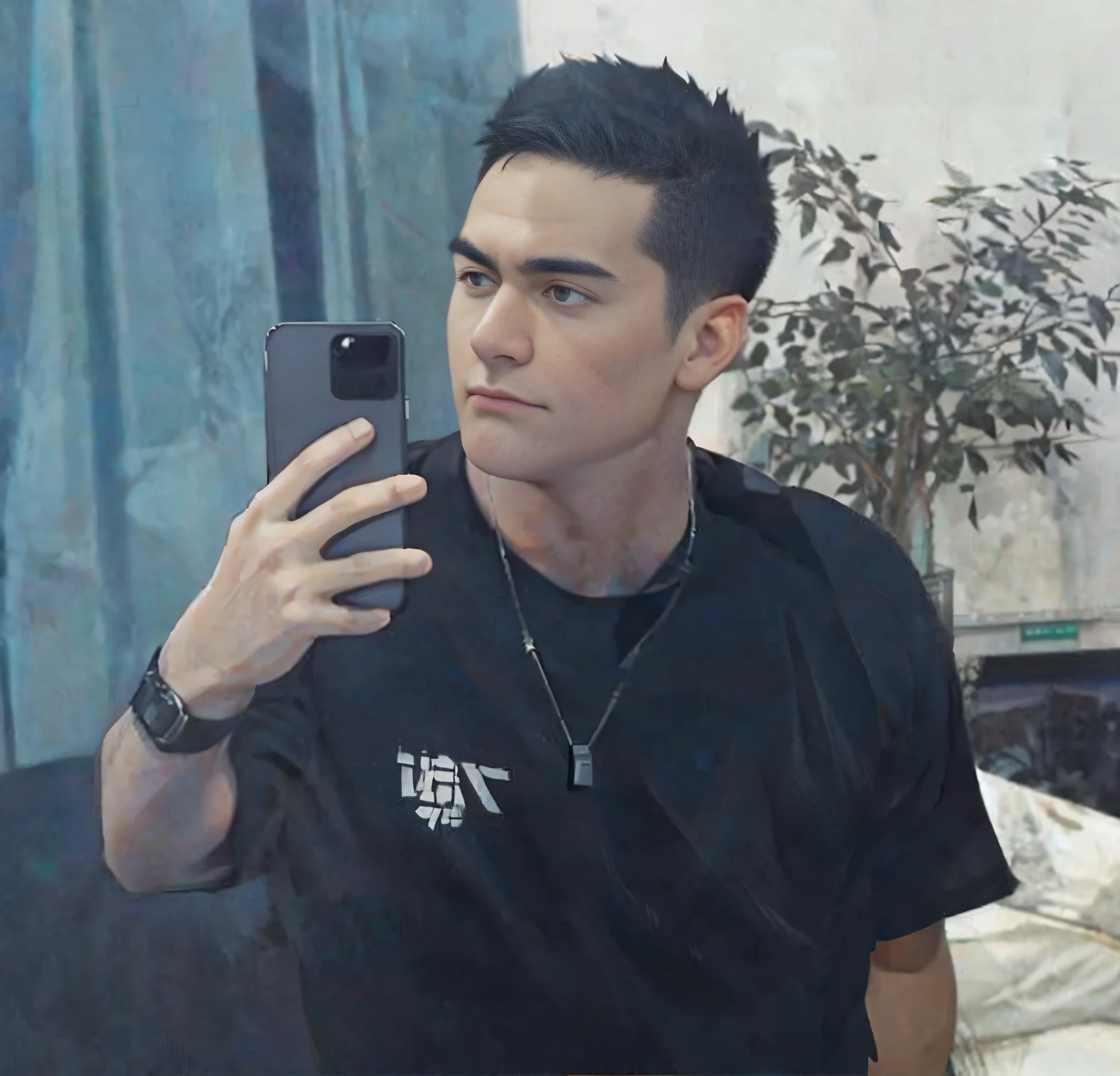 A strong man taking a selfie with a mobile phone, muscular, short black hair, thick big muscles, muscles, super high resolution, ray tracing, volumetric light and shadow, super high resolution, rich background, episodic, black socks, realistic, 1boy, face to face look at the audience,