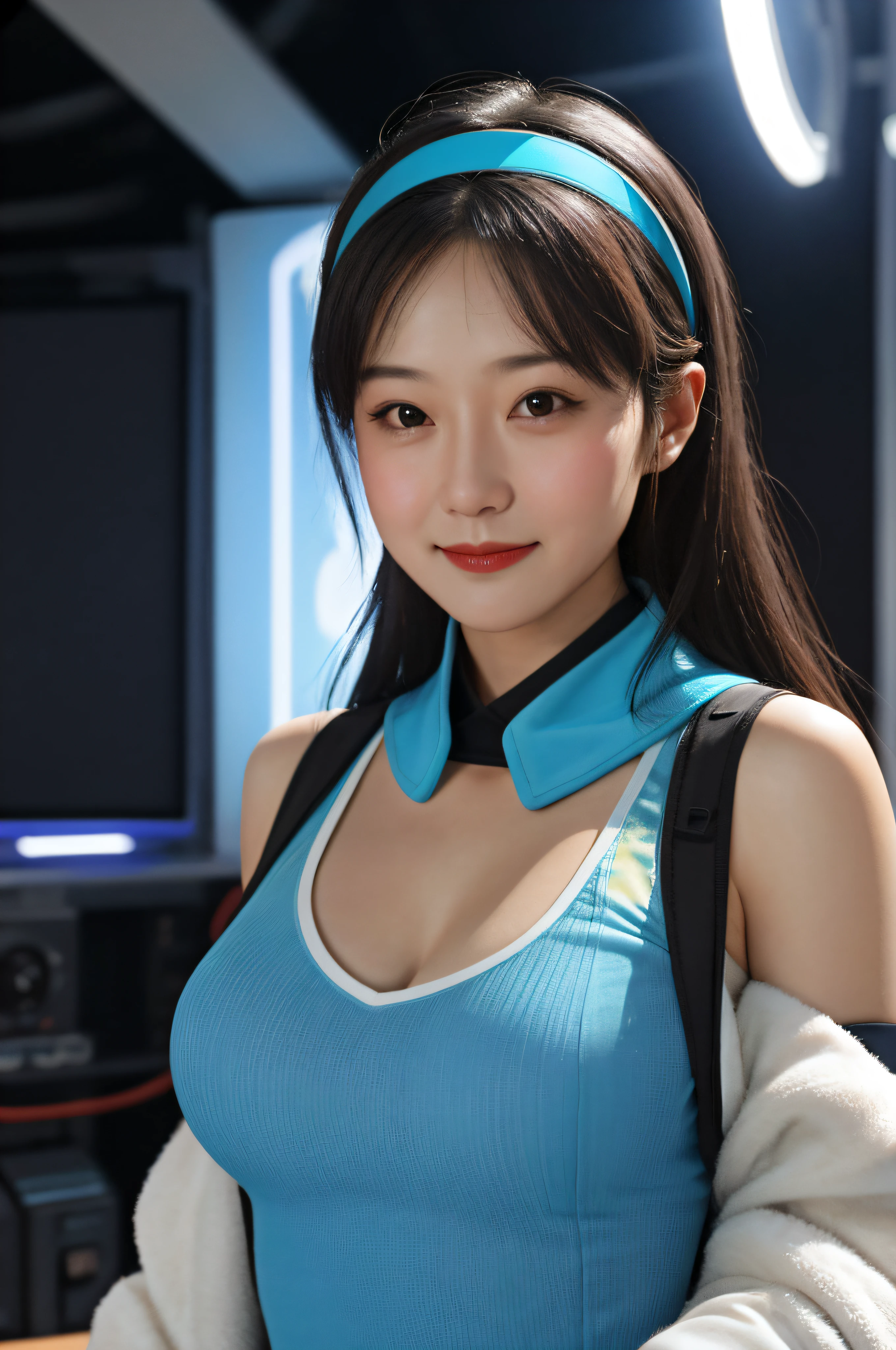 The expression is very enjoyable, happy, medium breasts, sci-fi headband, looking at the audience, best quality, perfect body