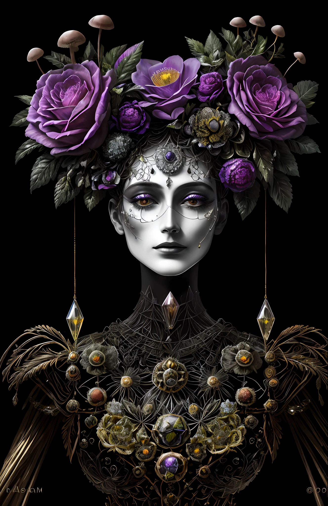 "Rosen maiden, (masterpiece, best quality), (illustration), strange fungal disease dense forest, transparent sticky substance, caustics, crystals, close-up, intricate details, dark background, sparkling spores, rainbow crystals, darkness", made of metal, cyborg: 1.1, [detailed wire]: 1.3, (complex details), HDR, (complex details, hyperdetailed: 1.2),