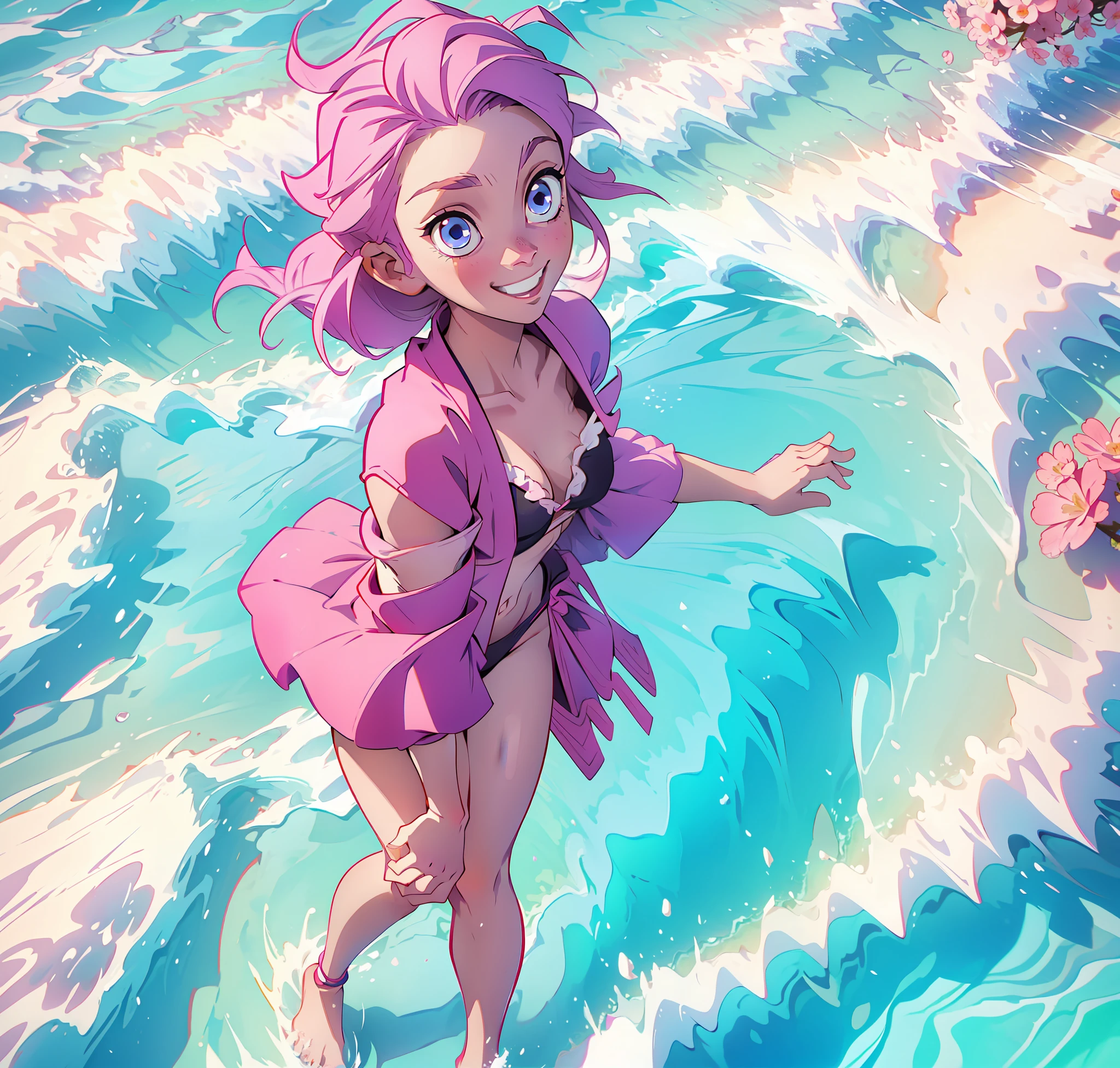 1girl, pink hair, blue eyes, sakura blossom, demon slayer, cute, beach, bathing suit, bikini, smile, happy