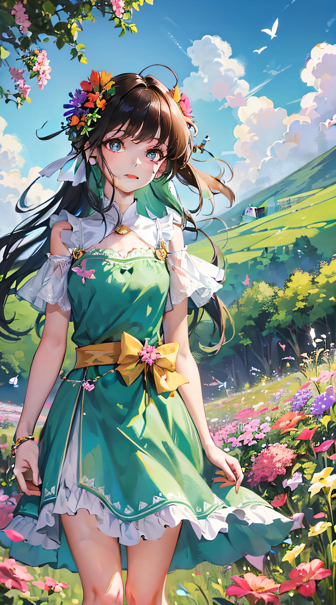 High Detail, Ultra Detail, Ultra High Resolution A cute and innocent girl enjoying her time in the open field, surrounded by the beauty of nature, warm sun sprinkling on her, wildflowers gently swaying in the breeze. Butterflies and birds flutter around her, adding to the playful atmosphere of the panorama