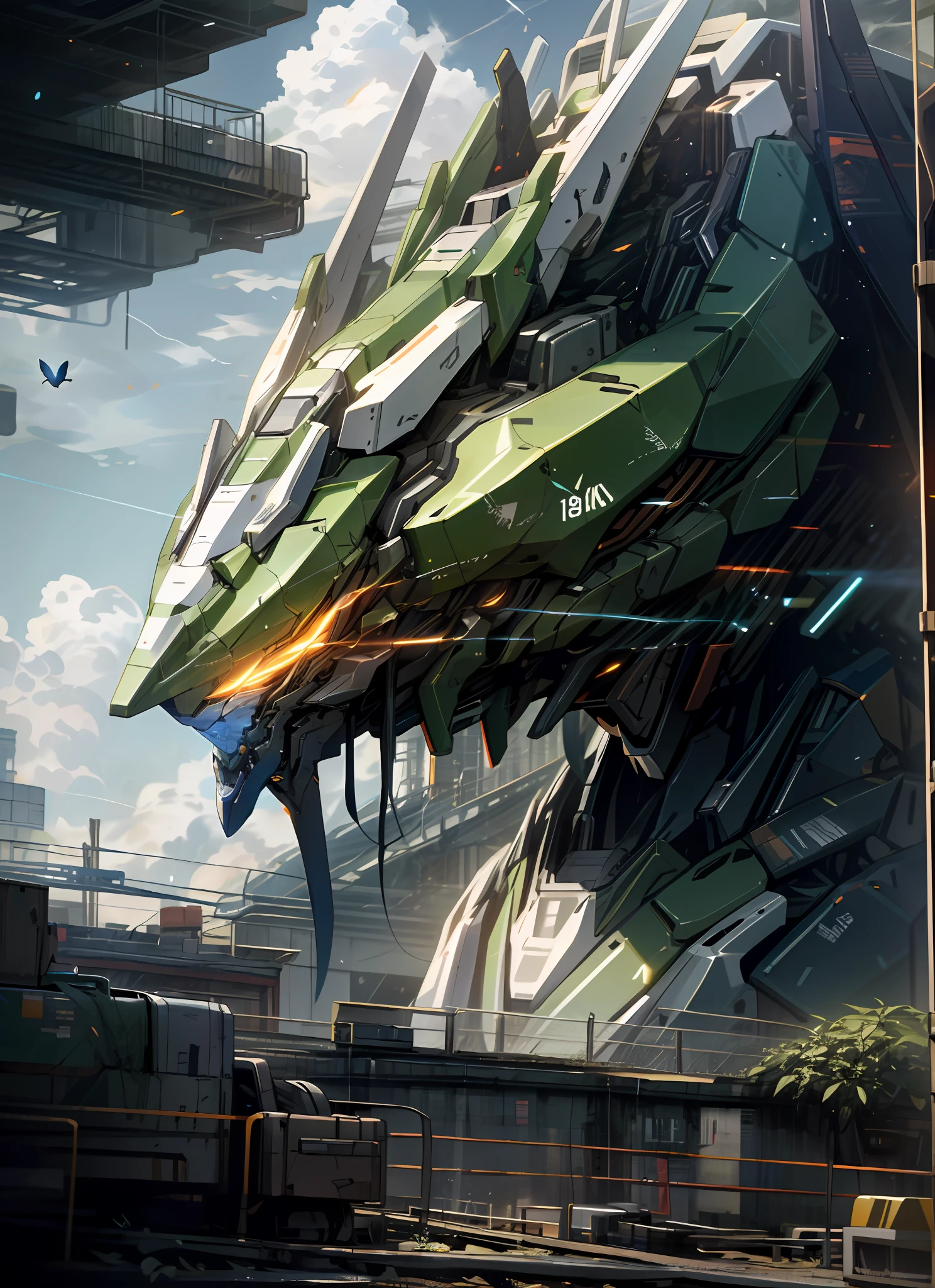 Sky, Clouds, holding_weapon, no_humans, Glow, Robot, Building, glowing_eyes, mecha, science fiction, giant plant, reality, mecha, 8K, bug