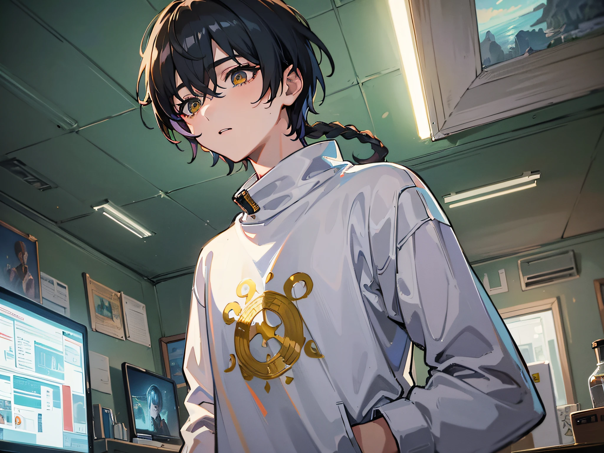 ((best quality)), ((ultra-detailed))). (((Masterpiece))), illustration. (A boy) was wearing a loose sweatshirt and loose pants. Pengsong's hair, in a dimly lit room, despair, virtual reality, futuristic environment, surrounded by screens and wires