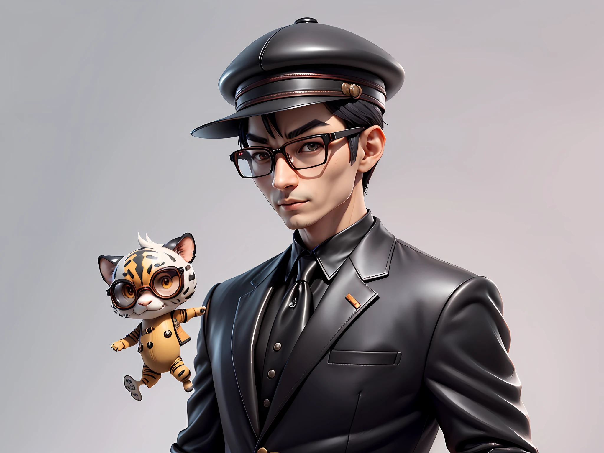 Young man with oriental face in leather hat, tiger, oriental face in formal suit, short black hair, silver glasses, digital painting, 3D character design by Mark Clairedon and Pixar and Hayao Miyazaki and Akira Toriyama, the illustration is a high-definition illustration in 4K resolution with very detailed facial features and cartoon-style visuals.