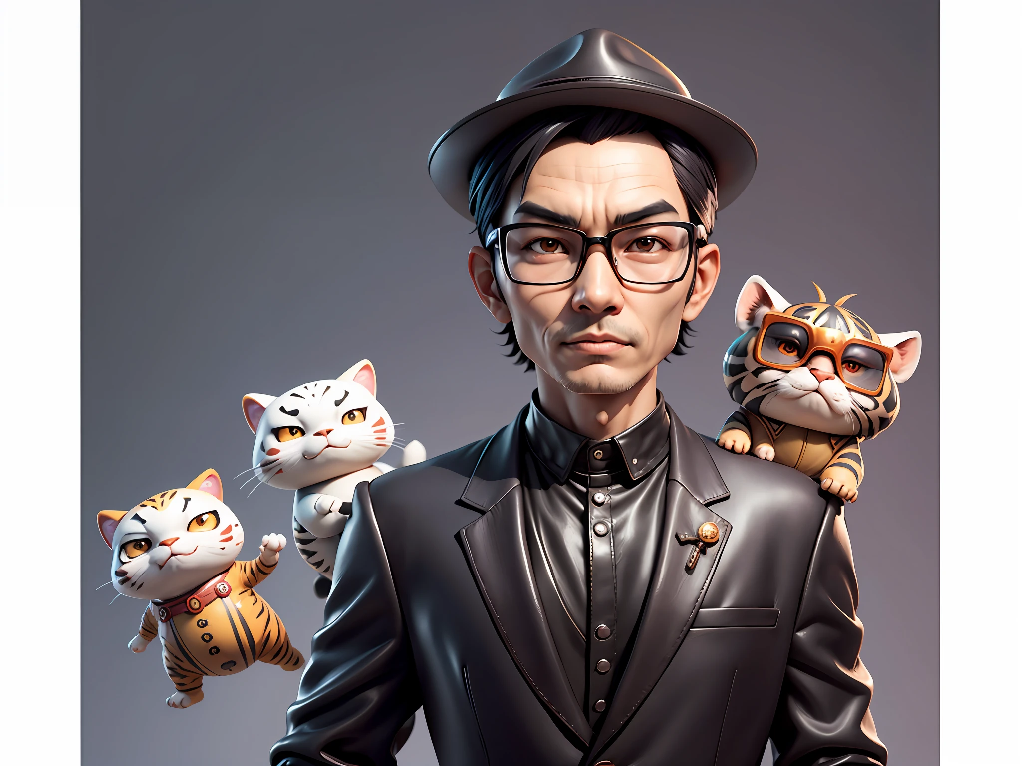 Young man with oriental face in leather hat, tiger, oriental face in formal suit, short black hair, silver glasses, digital painting, 3D character design by Mark Clairedon and Pixar and Hayao Miyazaki and Akira Toriyama, the illustration is a high-definition illustration in 4K resolution with very detailed facial features and cartoon-style visuals.