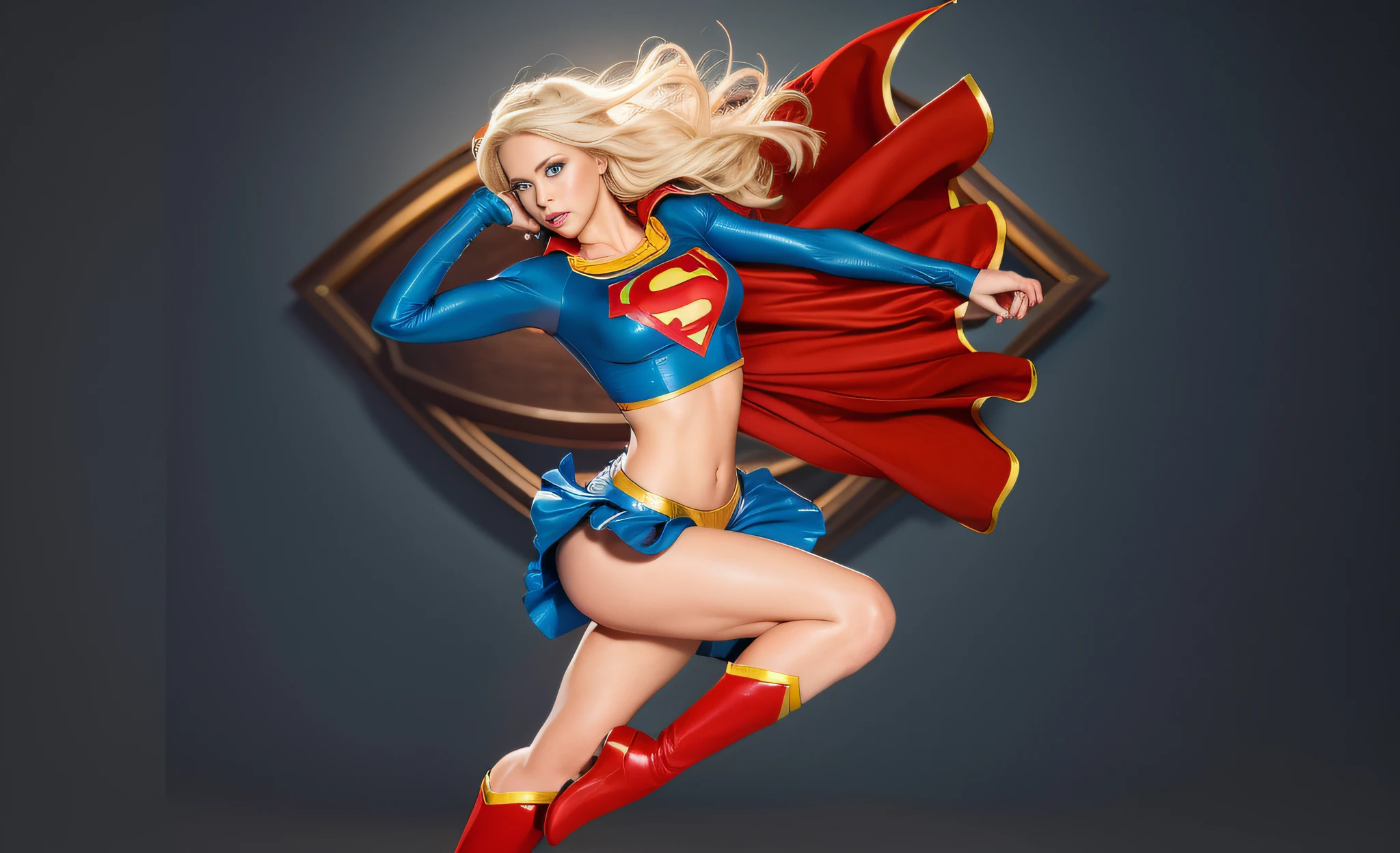 super woman, blue eyes, blonde hair, red lips, red boots, detailed hands, detailed eyes high definition,manos y dedos detalladas ful body hyper realistic photography 4k full HD with hyper realistic details, best quality, masterpiece, ultra detailed, official art,ful body,pernernas lindas, ass perfec,cenos grandes