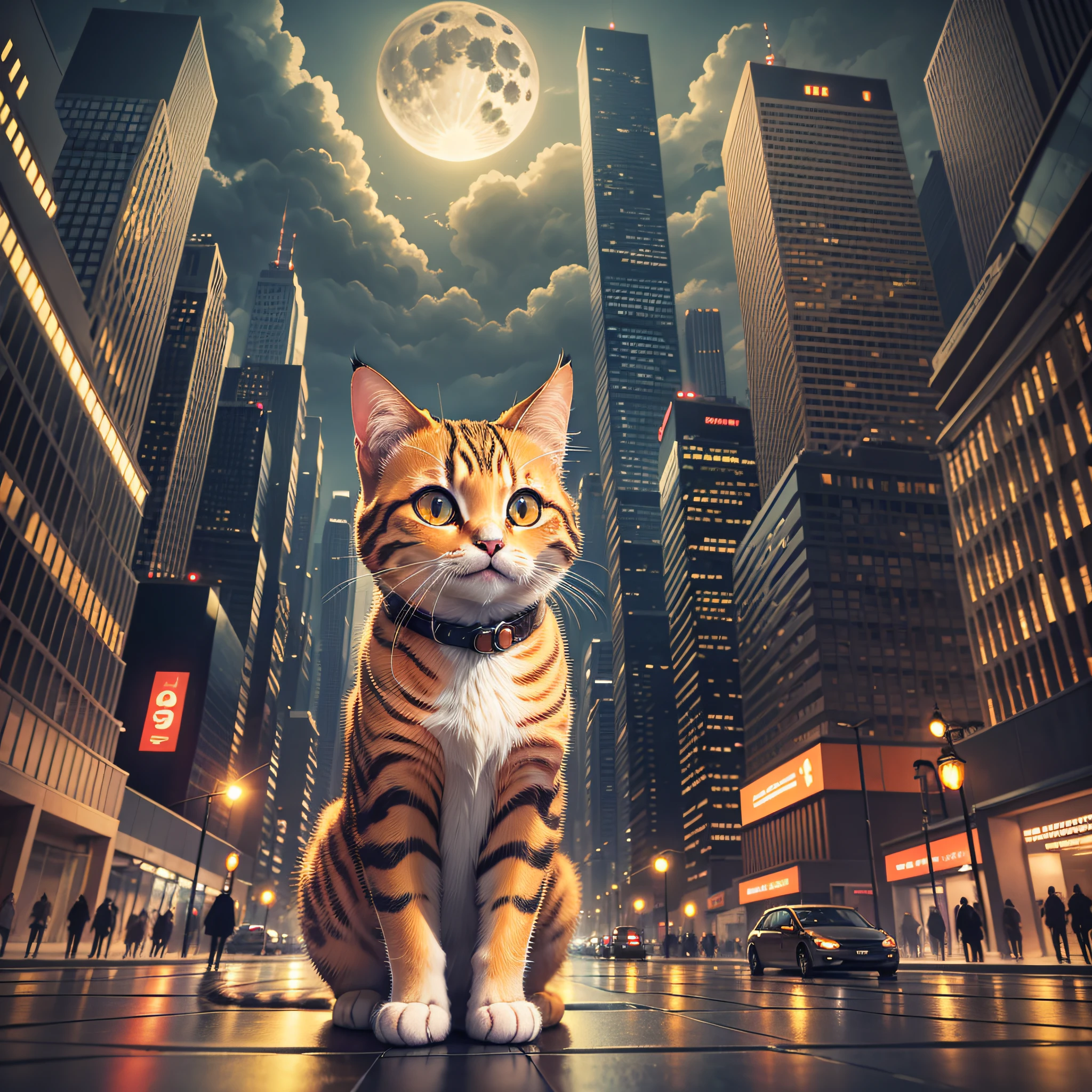 cat, orange, cute, big eyes, masterpiece, full moon, skyscrapers, street --auto --s2