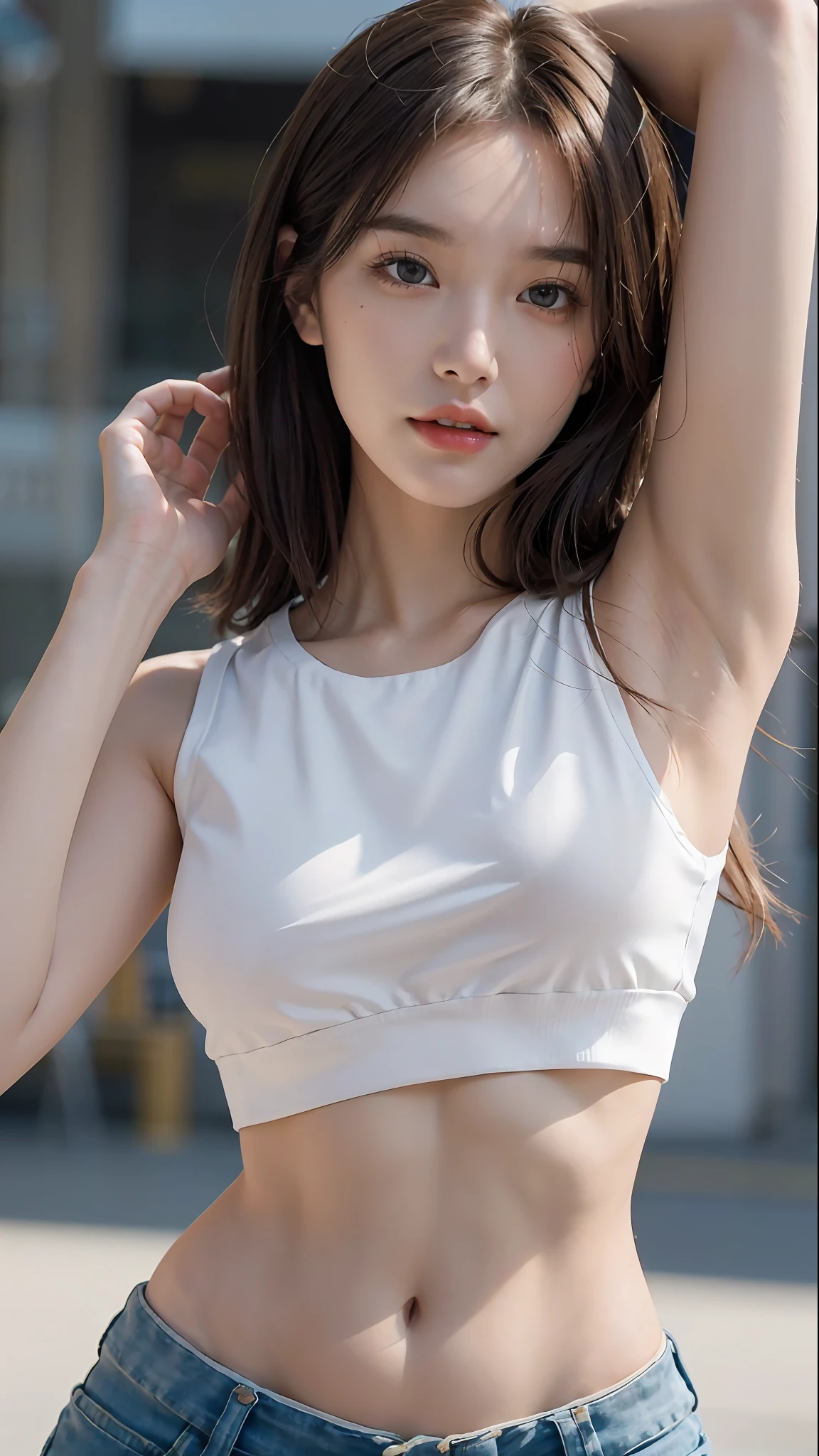 (Original photo: 1.2), (Realistic: 1.4), (Masterpiece: 1.3), (Best quality: 1.4), Dreamy, (detailed eyes), (detailed facial features), (detailed clothing features), Skin tightness, (Shiny skin), (Slim Girl), (Slim Girl), (Slim Girl), 1 Girl, Veronica Code, Solo, Cute, Bangs, Short brown hair, Black eyes, (Medium breasts), ((Shirt)), Dynamic pose, (Kodak Film Color) ((Camera not visible)) ((White Studio) (Studio Light) ,(crop top:1.4)