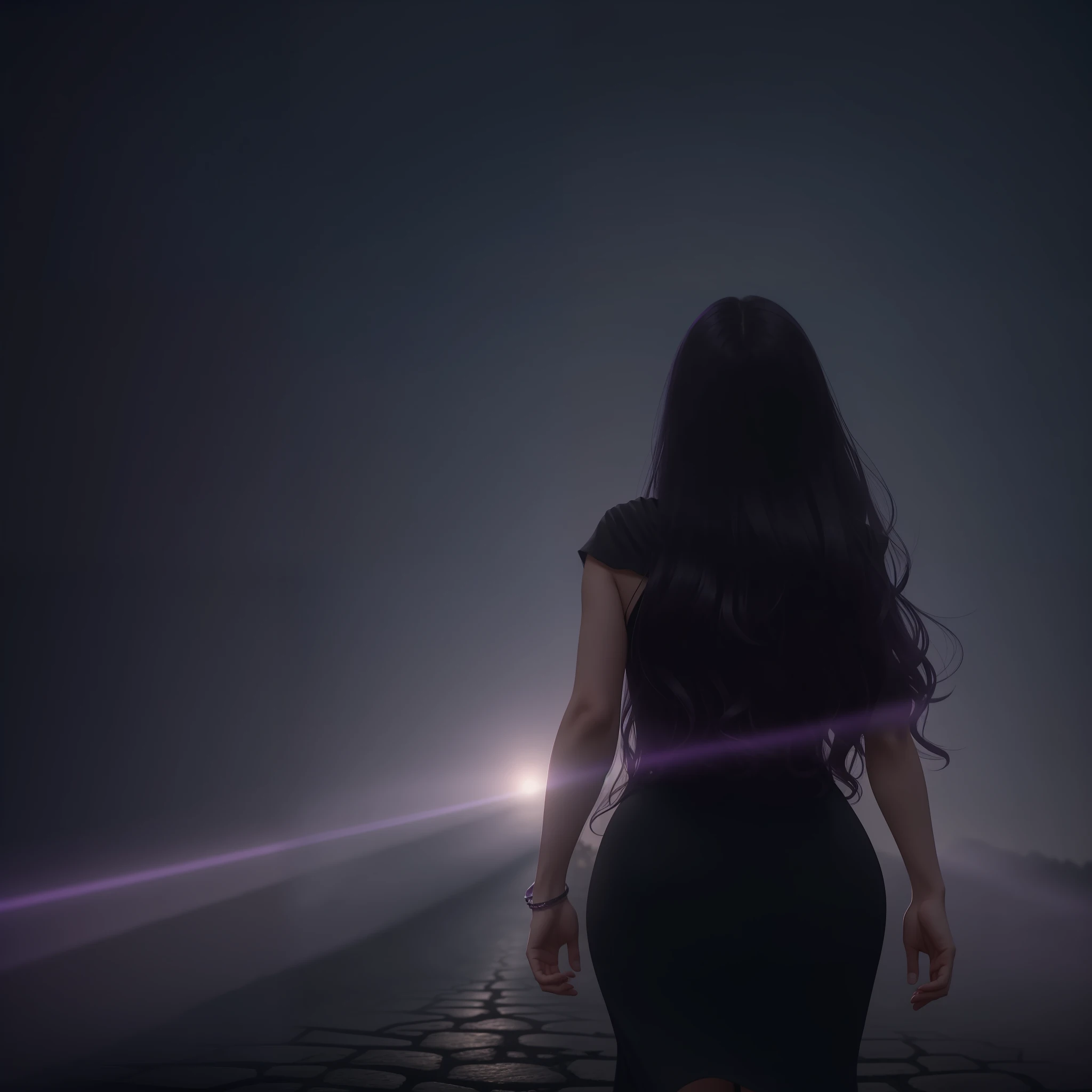 Woman walking on her back down a road at night towards a city, with fog and shadows, wavy and long black hair, high quality, ultra-detailed, 8k, masterpiece, (volumetric lighting), black magic, fanciful, lilac colors, purple, shadows and vivid on the woman's back --auto --s2