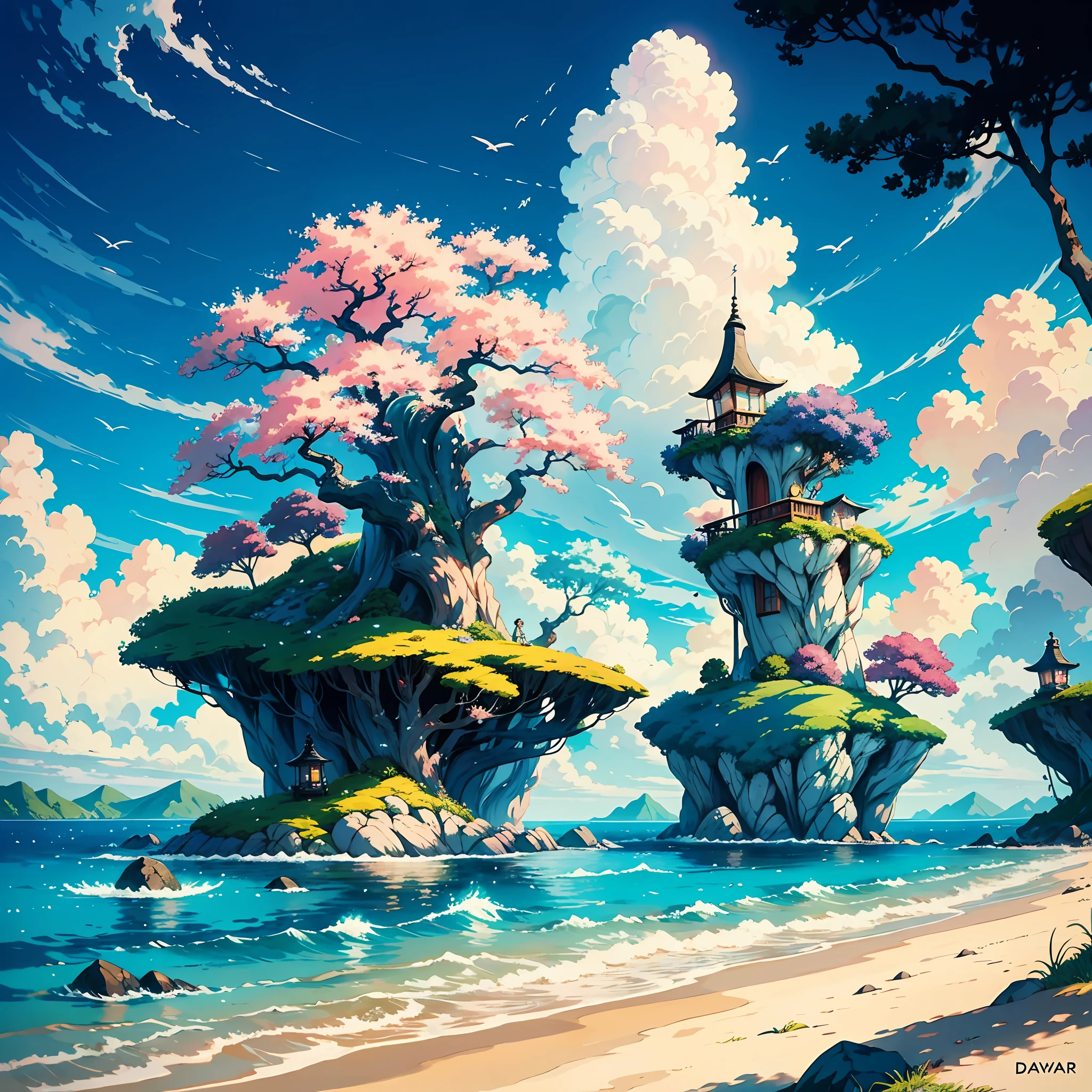 Create a fantastic, imaginative scene in the style of hayao miyazaki. Use a colorful and vibrant palette with a focus on natural elements such as beaches and creatures to create a magical and enchanting scene. Pay attention to the fine details and design of the characters to create a sense of wonder and awe. Use a soft, dreamlike color palette with a focus on pastel tones. Add weight to certain elements to create a balance between the different elements in the artwork.