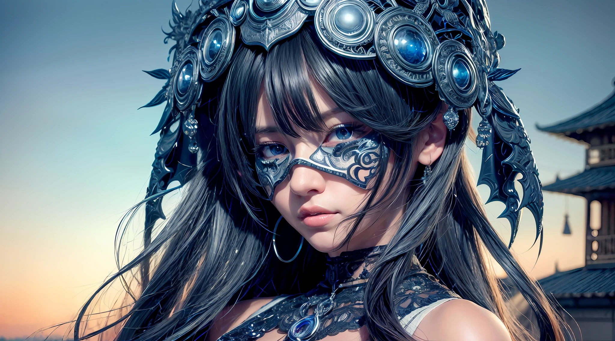a close up of a woman with a mask on her head, detailed portrait of anime girl, stunning anime face portrait, intricate ornate anime cgi style, detailed digital anime art, digital manga art, detailed manga style, detailed anime face, black and white manga style, high detailed face anime, detailed anime art, beautiful anime face, detailed anime artwork,
