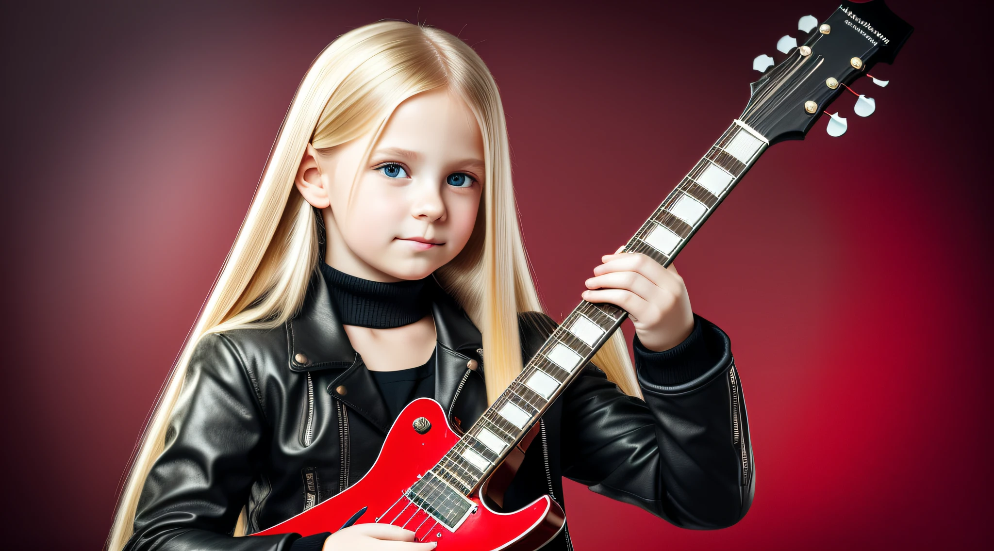 Russian style, girl , portrait, long blonde hair with red leather jacket and black clothing, background with amplifiers and guitars,. --auto --s2
