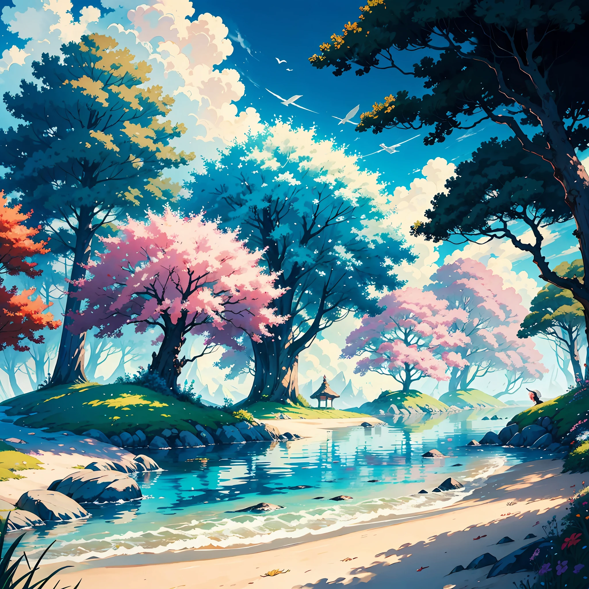 Create a fantastic, imaginative scene in the style of hayao miyazaki. Use a colorful and vibrant palette with a focus on natural elements such as beaches and creatures to create a magical and enchanting scene. Pay attention to the fine details and design of the characters to create a sense of wonder and awe. Use a soft, dreamlike color palette with a focus on pastel tones. Add weight to certain elements to create a balance between the different elements in the artwork.