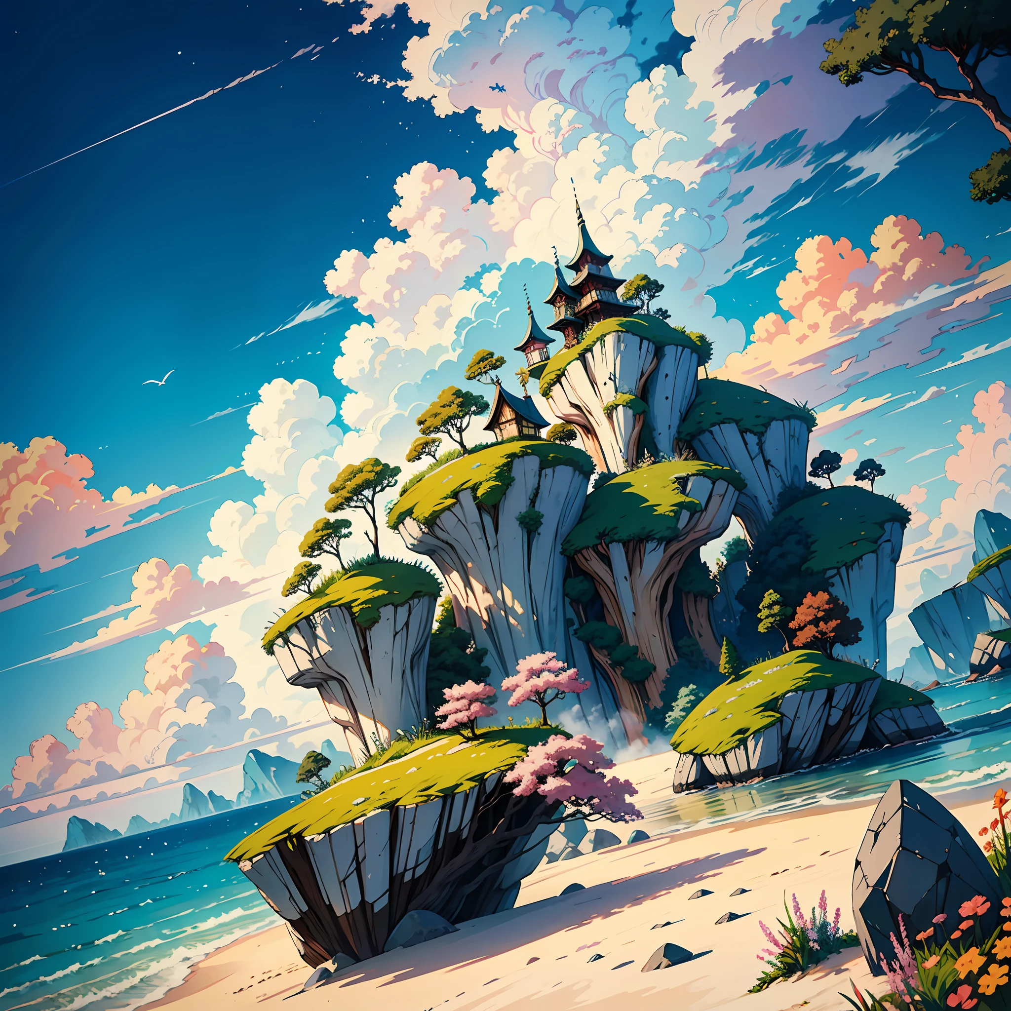 Create a fantastic, imaginative scene in the style of hayao miyazaki. Use a colorful and vibrant palette with a focus on natural elements such as beaches and creatures to create a magical and enchanting scene. Pay attention to the fine details and design of the characters to create a sense of wonder and awe. Use a soft, dreamlike color palette with a focus on pastel tones. Add weight to certain elements to create a balance between the different elements in the artwork.