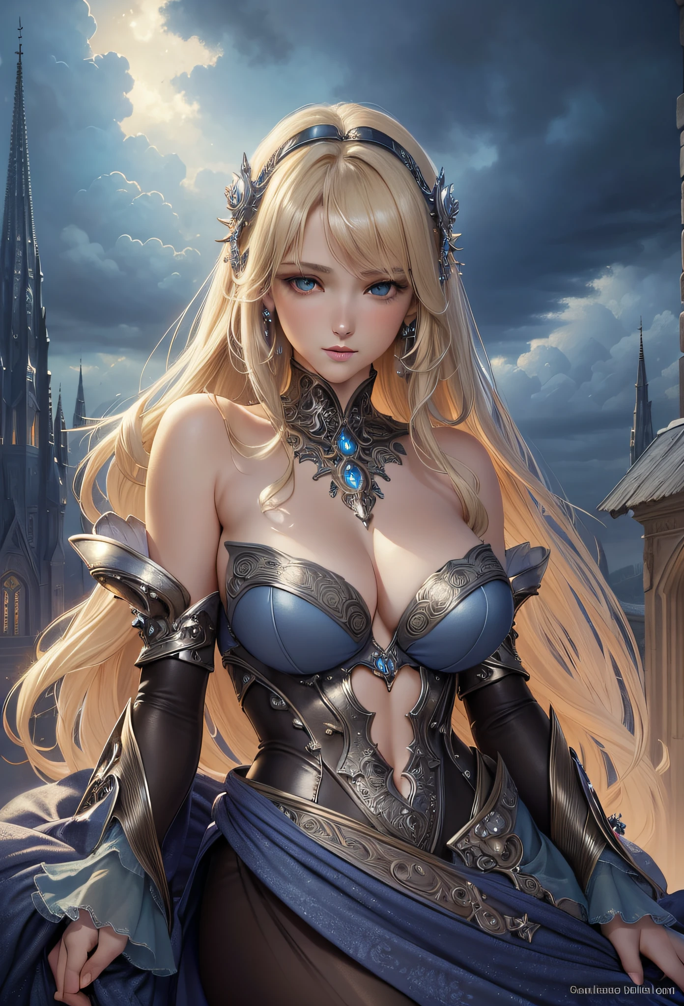 (best quality)), ((masterpiece)), (detailed)), ethereal beauty, (fantasy illustration: 1.3), enchanting gaze, captivating pose, straight blond hair, fabulously gorgeous dress showing off her shoulders , otherworldly charm, mystical starlit sky, (Luis Royo:1.2), moonlit night, soft colors, (detailed clouds:1.3), (high resolution:1.2)