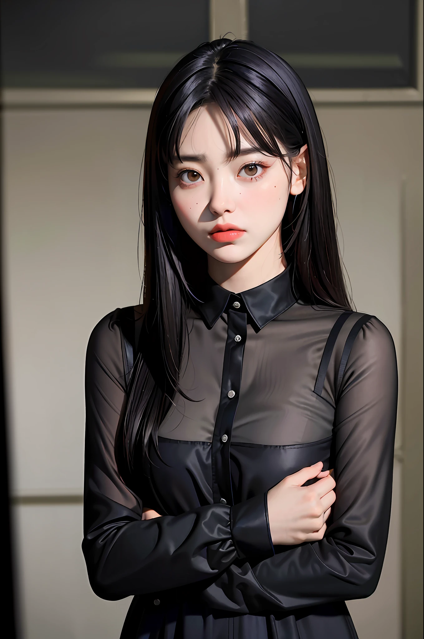 masterpiece, best quality, (dark photo:1.3), photorealistic, 1girl, flat bangs, stunning innocent symmetry face, shirt, emotional, ulzzang, (PureErosFace_V1:0.7) ultra deatils face