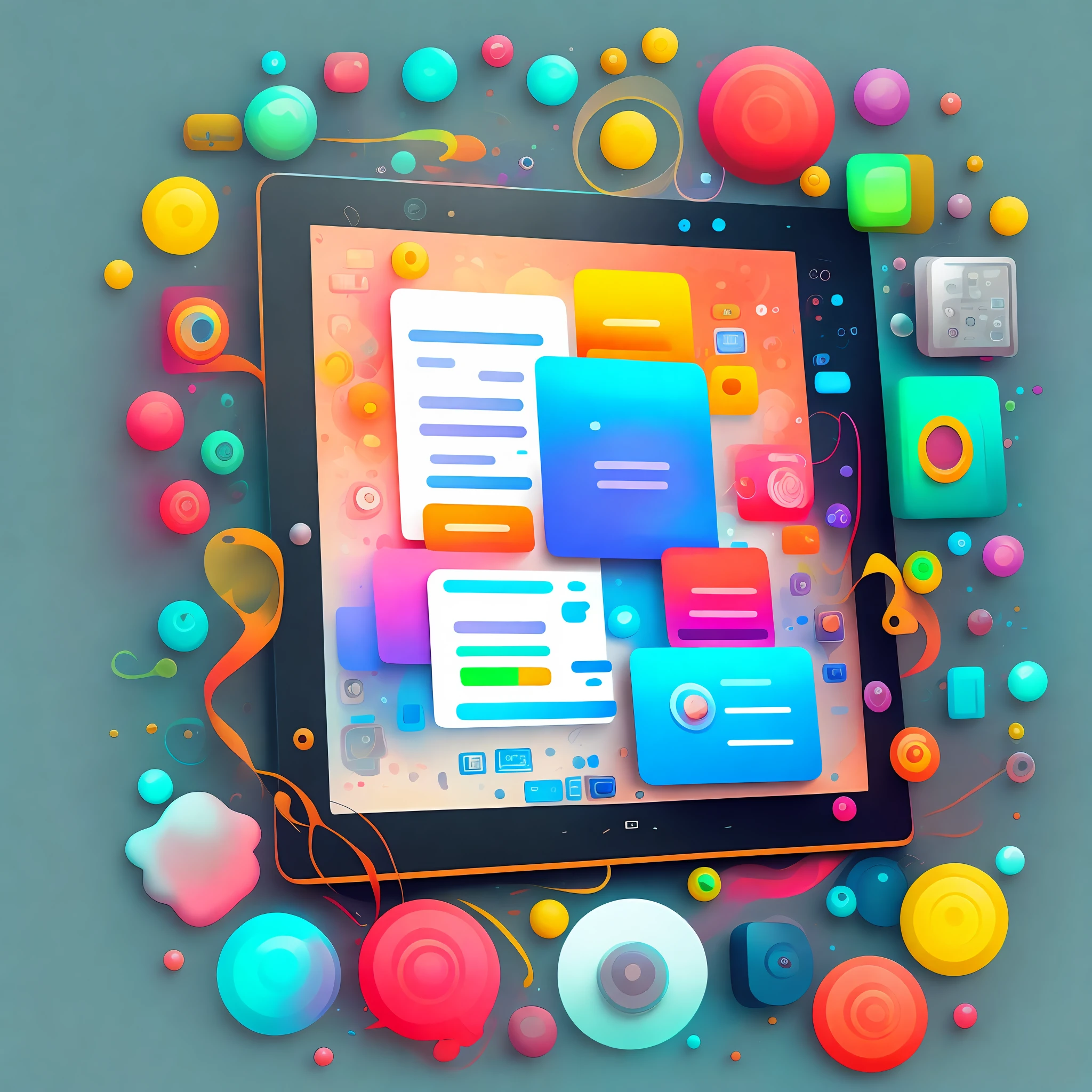 a stylized abstract image of a tablet color with a lot of different technology things in it