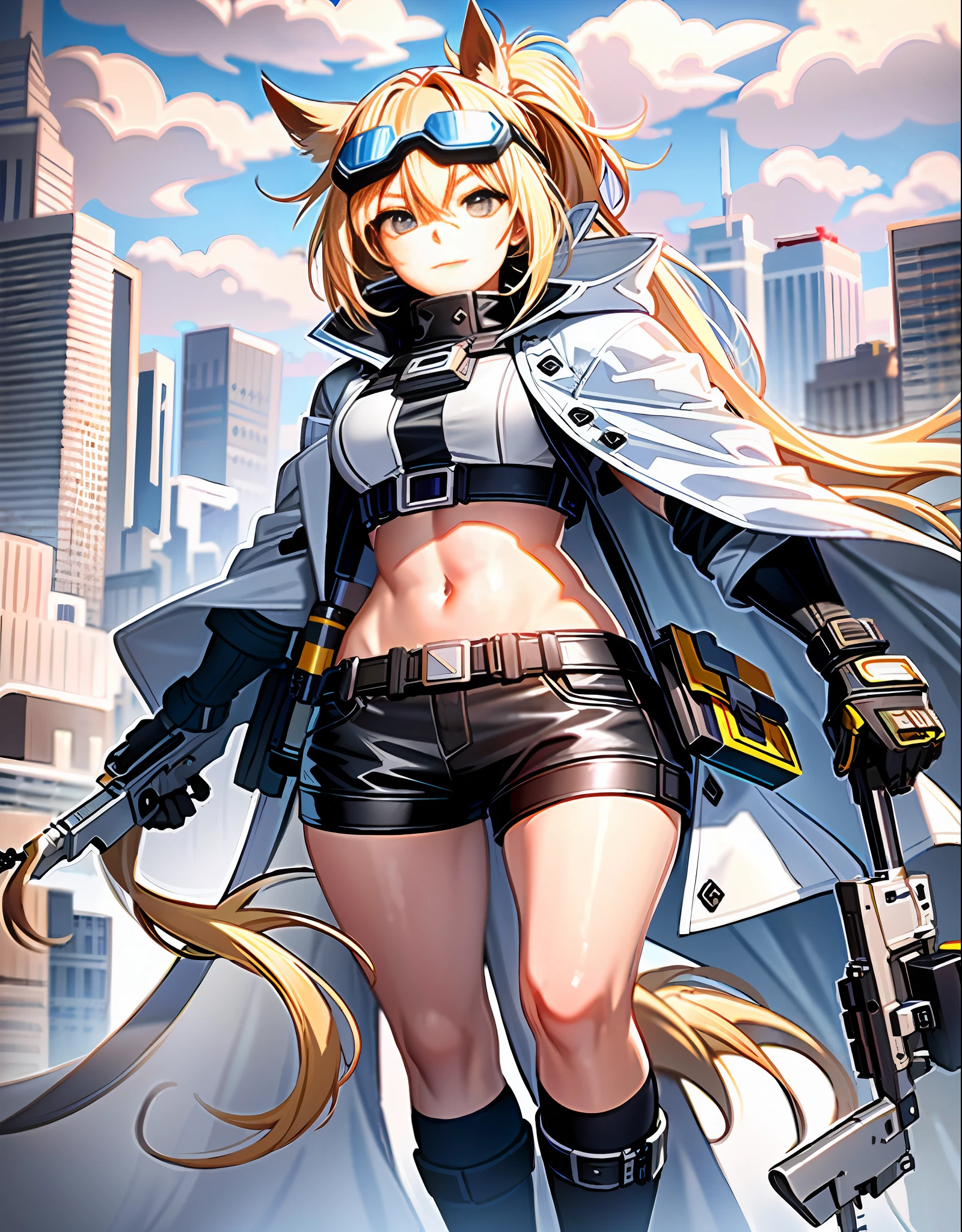 Noisy night city background, single full body standing painting, simple protection, white translucent hooded trench coat, crop top, hot pants, long socks, windproof goggles, bright blonde eyes, blonde hair, high ponytail, gun master, horse girl, heroic and sassy royal sister, kind and friendly big sister next door, reliable mature woman, ark of tomorrow, best quality, high resolution, best quality, high quality, detailed key anime art, best anime