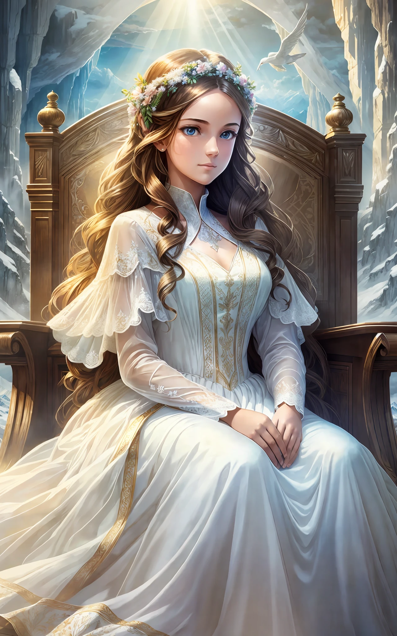award winning 64k concept art of (1girl:1.2) in white majestic dress sitting on the throne in the mountains, epic, god rays, centered, (masterpiece:1.2), (best quality:1.2), Amazing, highly detailed, beautiful, finely detailed, warm soft color grading, Depth of field, extremely detailed 8k, fine art, stunning, iridescent, shiny, (light reflections:1.2), (crisp:1.5), curls, wind, vibrant, sunlit, (edge detection:1.2)