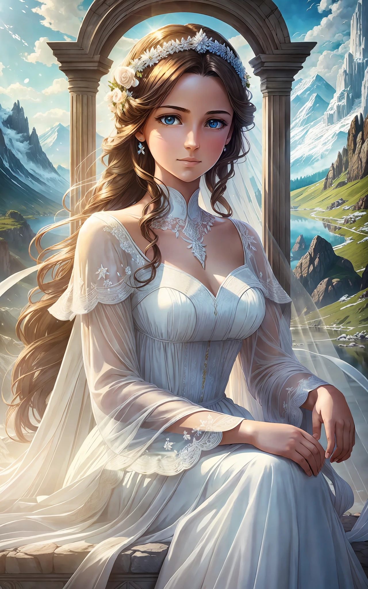 award winning 64k concept art of (1girl:1.2) in white majestic dress sitting on the throne in the mountains, epic, god rays, centered, (masterpiece:1.2), (best quality:1.2), Amazing, highly detailed, beautiful, finely detailed, warm soft color grading, Depth of field, extremely detailed 8k, fine art, stunning, iridescent, shiny, (light reflections:1.2), (crisp:1.5), curls, wind, vibrant, sunlit, (edge detection:1.2)