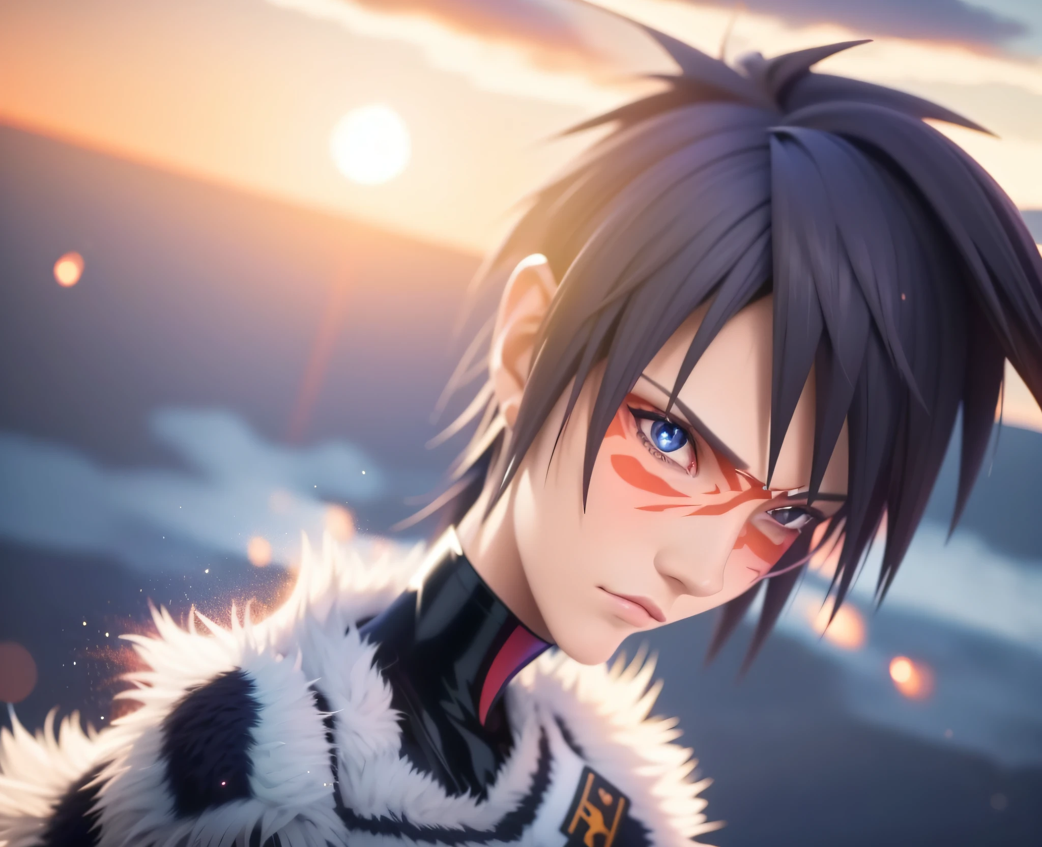 a close up of a person with a furry coat and a sunset in the background, badass anime 8 k, anime style 4 k, 4 k manga wallpaper, anime styled 3d, 4k anime wallpaper, epic 8 k hd anime shot, anime wallpaper 4 k, anime wallpaper 4k, kirito, anime. soft lighting, fierce expression 4k