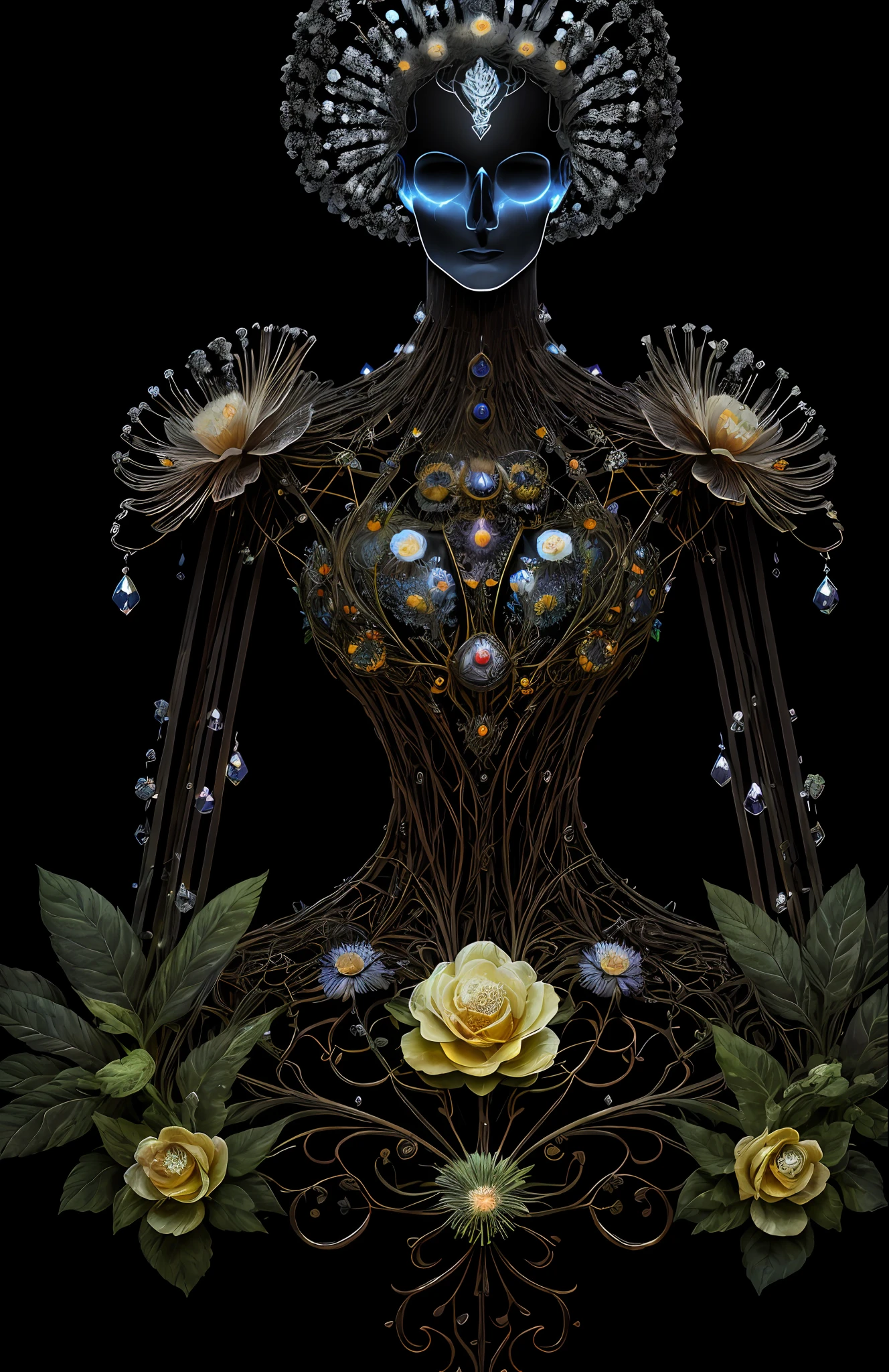 "Rosen maiden, (masterpiece, best quality), (illustration), strange fungal disease dense forest, transparent sticky substance, caustics, crystals, close-up, intricate details, dark background, sparkling spores, rainbow crystals, darkness", made of metal, cyborg: 1.1, [detailed wire]: 1.3, (complex details), HDR, (complex details, hyperdetailed: 1.2),