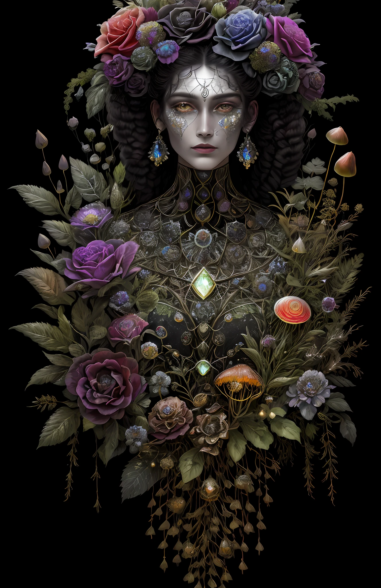 "Rosen maiden, (masterpiece, best quality), (illustration), strange fungal disease dense forest, transparent sticky substance, caustics, crystals, close-up, intricate details, dark background, sparkling spores, rainbow crystals, darkness", made of metal, cyborg: 1.1, [detailed wire]: 1.3, (complex details), HDR, (complex details, hyperdetailed: 1.2),