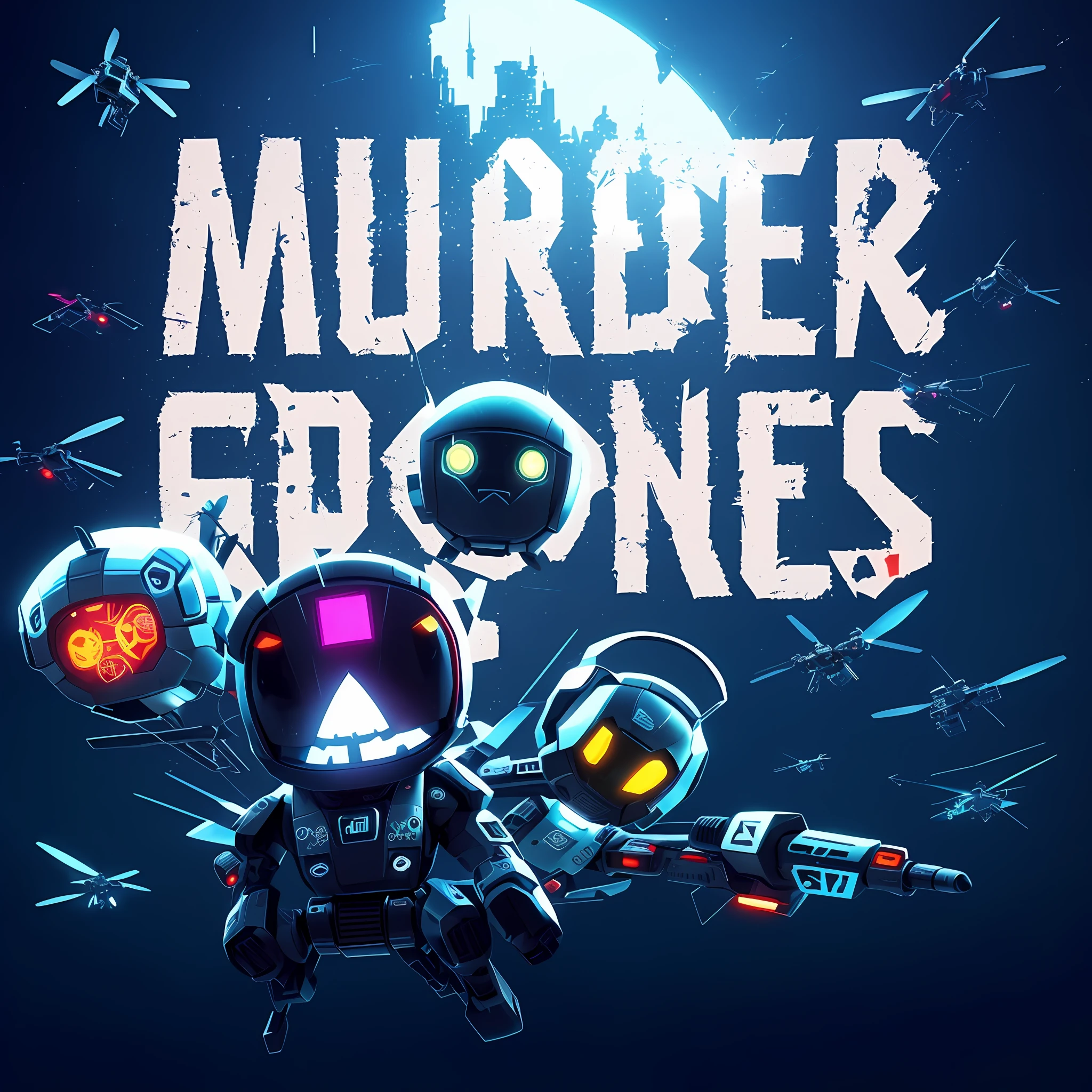 a close up of a cartoon character with a bunch of other characters, drones, deadly drone, murderous, murder, punkdrone, box art, fighter drones, drones in the sky, flying drones, police drones, front cover of a new video game, 2 d game, game cover, key art, game poster, 🕹️ 😎 🔫 🤖 🚬