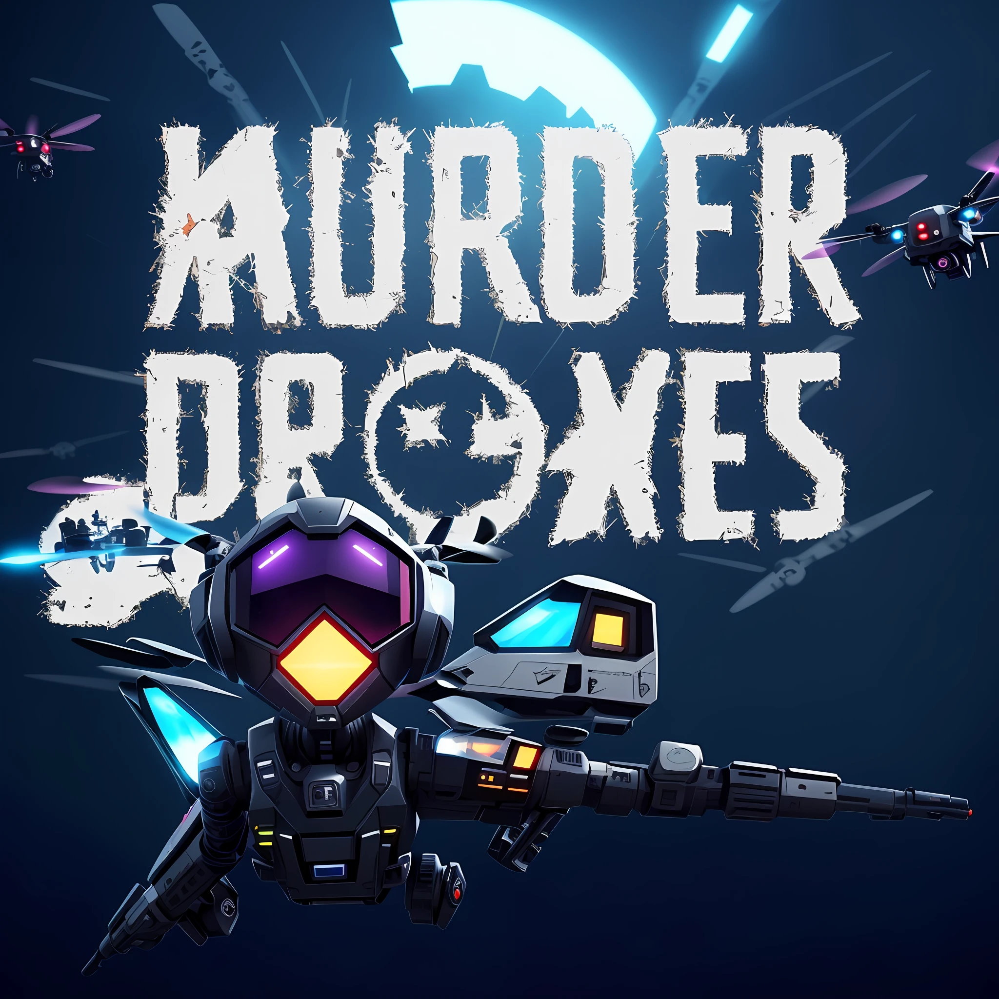 a close up of a cartoon character with a bunch of other characters, drones, deadly drone, murderous, murder, punkdrone, box art, fighter drones, drones in the sky, flying drones, police drones, front cover of a new video game, 2 d game, game cover, key art, game poster, 🕹️ 😎 🔫 🤖 🚬