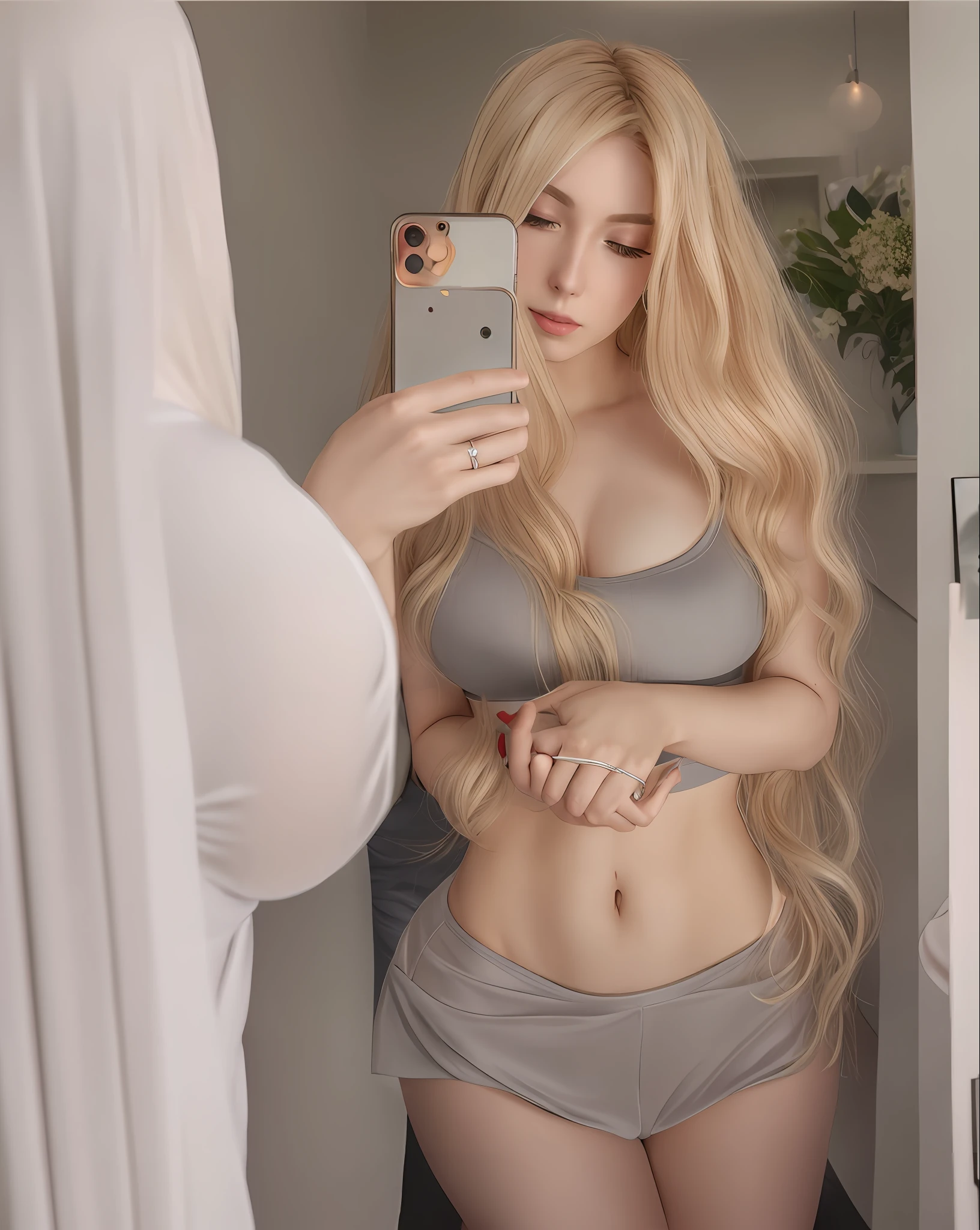 araffe woman in a gray top taking a selfie in a mirror, better known as amouranth, with long blond hair, blonde goddess, amouranth, 2 4 year old female model, thicc, tight outfit, she is about 2 0 years old, she is about 20 years old,  with long blonde hair, thick body, , red bra