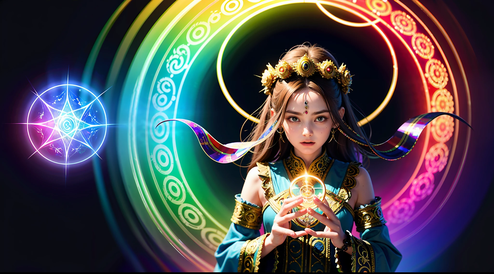 (masterpiece), (best quality:1.4), absurdres, [:intricate details:0.2], 1girl, Flowing robes, intricate magical circles, glowing runes, shimmering aura, intense focus, arcane incantations, crackling energy, levitating artifacts, ethereal staff, flickering candles, swirling mist, sparkling motes, mystical crystals, glowing sigils, intricate hand movements, otherworldly chanting, mysterious symbols, powerful invocation, transcendent awareness,