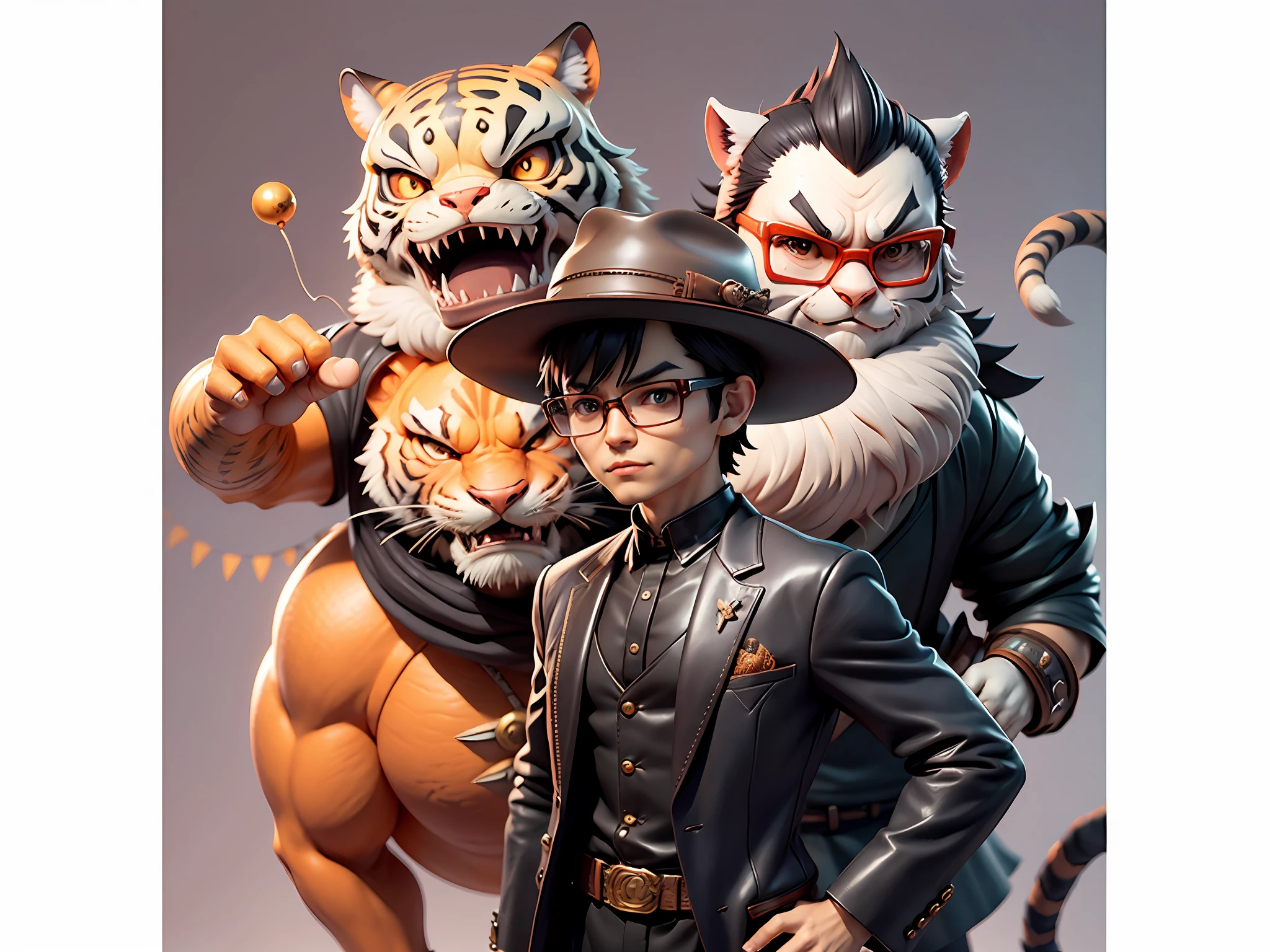 Young man with leather hat, tiger, dragon, oriental face in formal suit, short black hair, silver glasses, digital painting, 3D character design by Mark Clairedon and Pixar and Hayao Miyazaki and Akira Toriyama, the illustration is a high-definition illustration in 4K resolution with very detailed facial features and cartoon-style visuals.