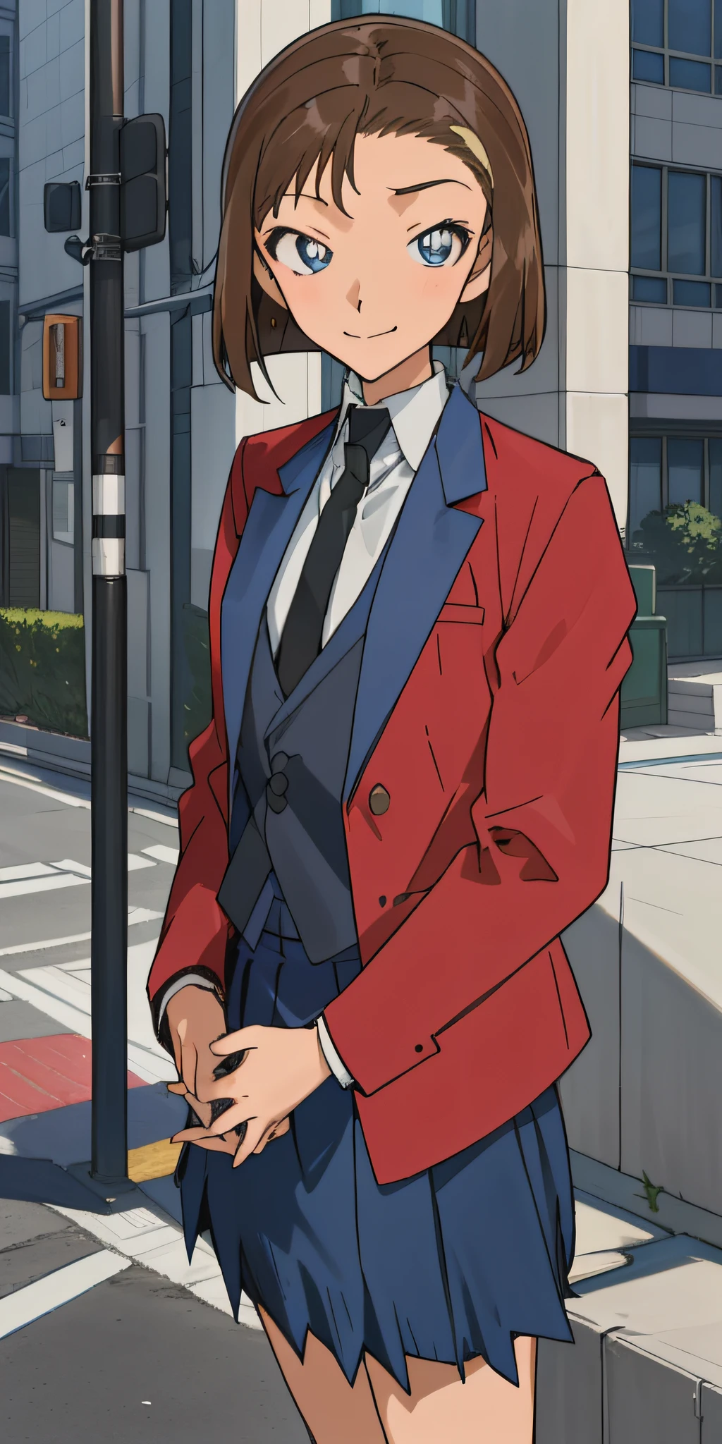 ((masterpiece)), (8k, high_resolution),(best quality), Sonoko, 1girl, solo, blue eyes, brown hair, short hair, smile, spectator look, street, city, outdoor, beautiful eyes and detailed face, medium chest, ((school uniform, black tie, red jacket, blue skirt: 1.2)), whole body