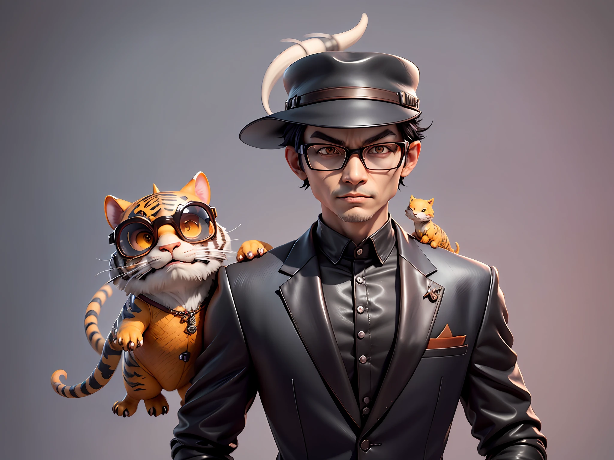 Young man with leather hat, tiger, dragon, oriental face in formal suit, short black hair, silver glasses, digital painting, 3D character design by Mark Clairedon and Pixar and Hayao Miyazaki and Akira Toriyama, the illustration is a high-definition illustration in 4K resolution with very detailed facial features and cartoon-style visuals.