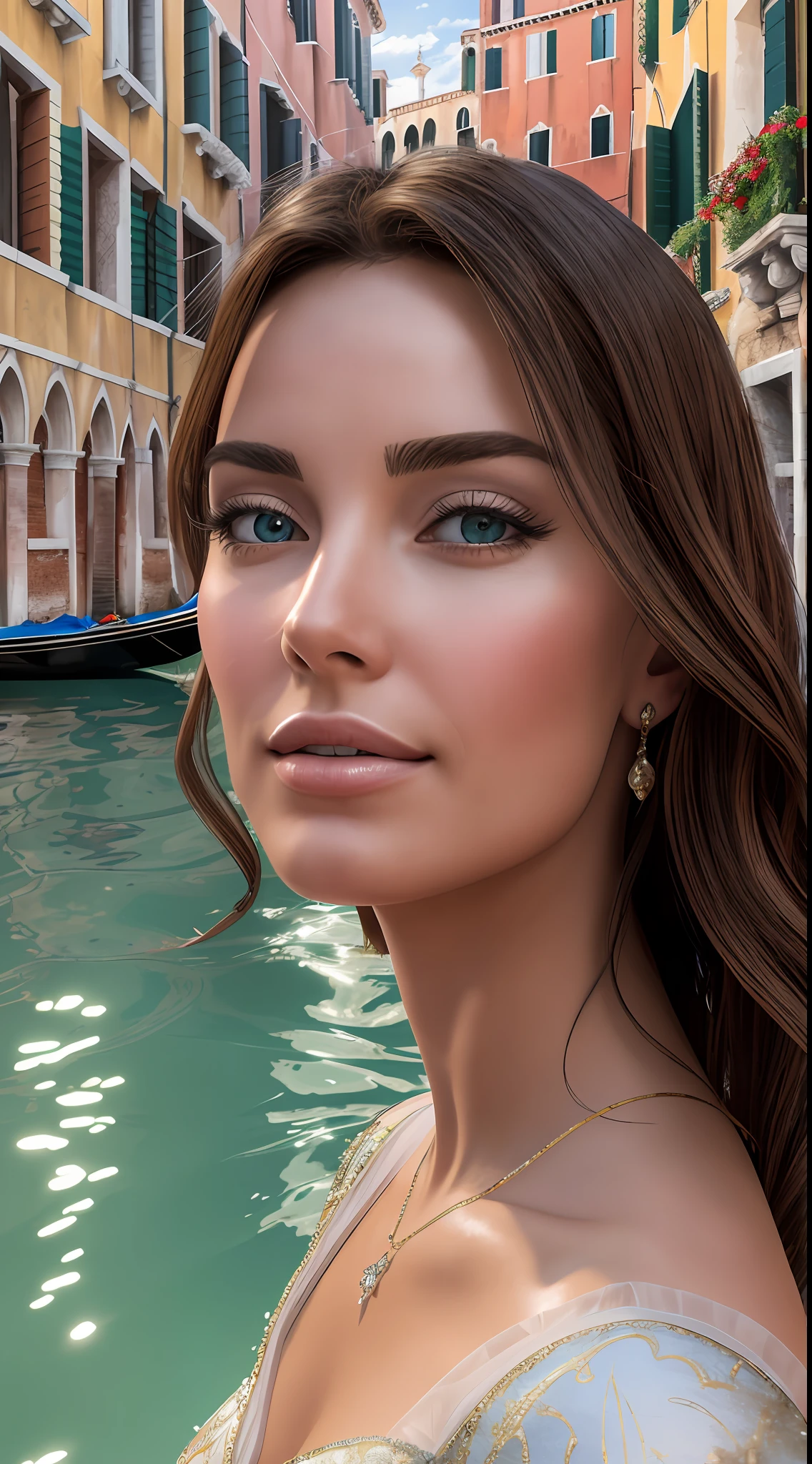 Masterpiece photography, Ultra realistic, 4k, 12k, hyper realistic, In the romantic city of Venice, the beautiful woman moves with elegance along the canals, her captivating eyes reflecting the shimmering waters, embodying the city's allure and embodying the epitome of Venetian charm.