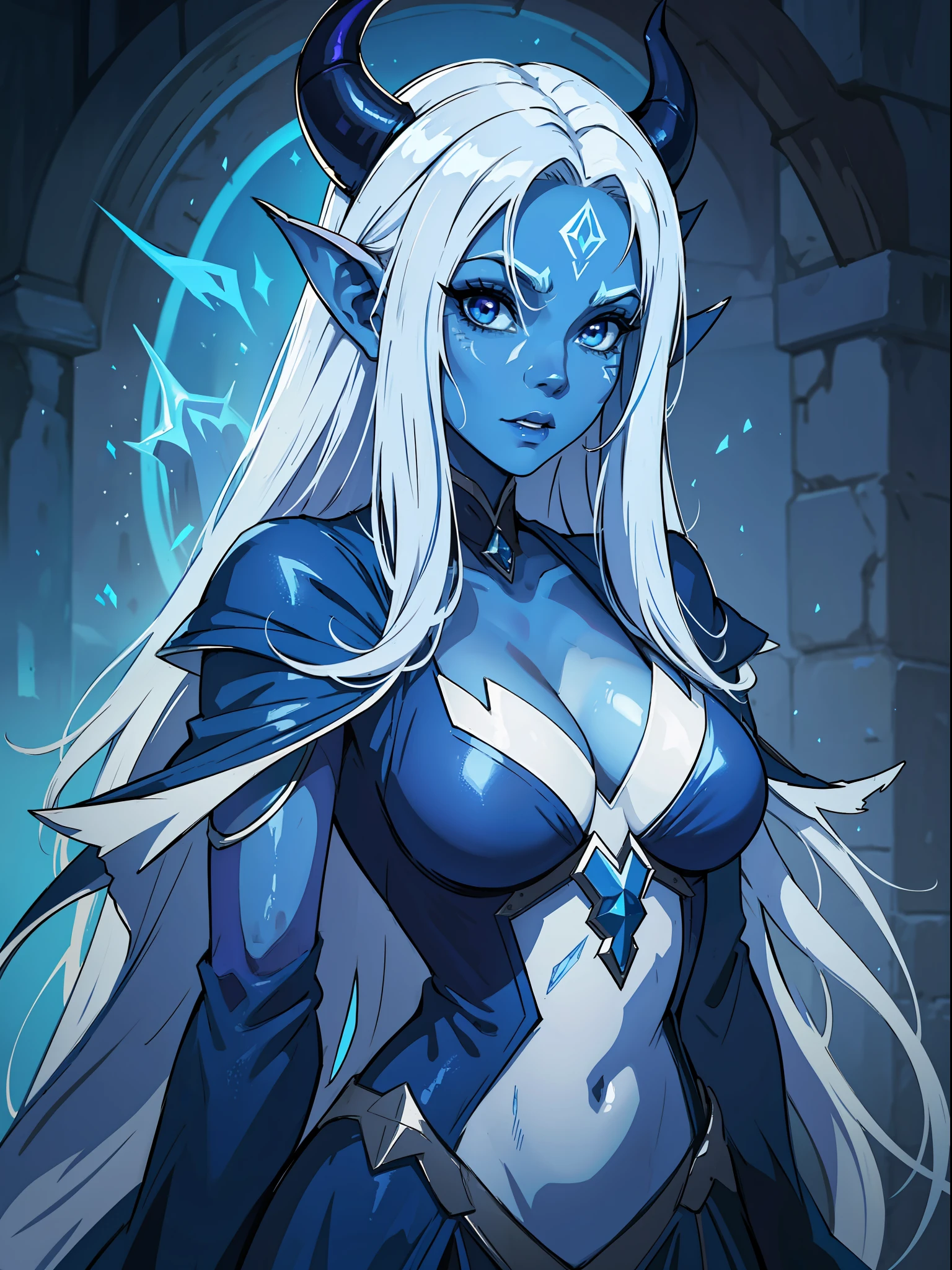 A beautiful woman like a devil demon with blue skin and long white hair that goes to the ground make her like a sorceress in a setting full of magic and mystery a character for medieval RPG, her skin is blue as in Avatar, horns and pointed tail like a demon, blue skin,  blue skin color, dark blue skin, blue skin as in the movie avatar