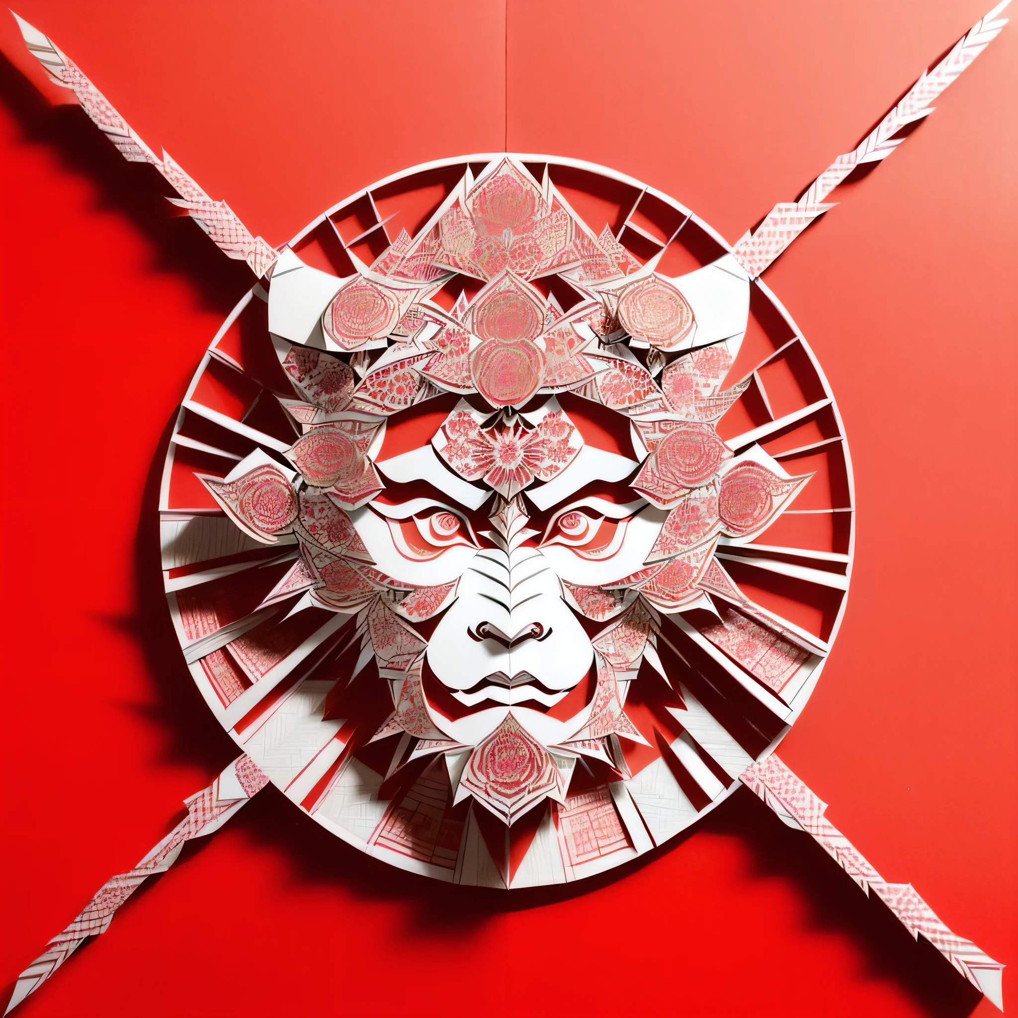 (((masterpiece))), better quality,
((Japanese art of Kirigami paper cutting)), ((Japanese paper cutting)), ((complicated paper cutting with many layers of paper)), ((each paper layer with shadows)), (round red background paper), unique color on each paper layer, front light, ((((little detailed beautiful face)))), Samurai, Hannya